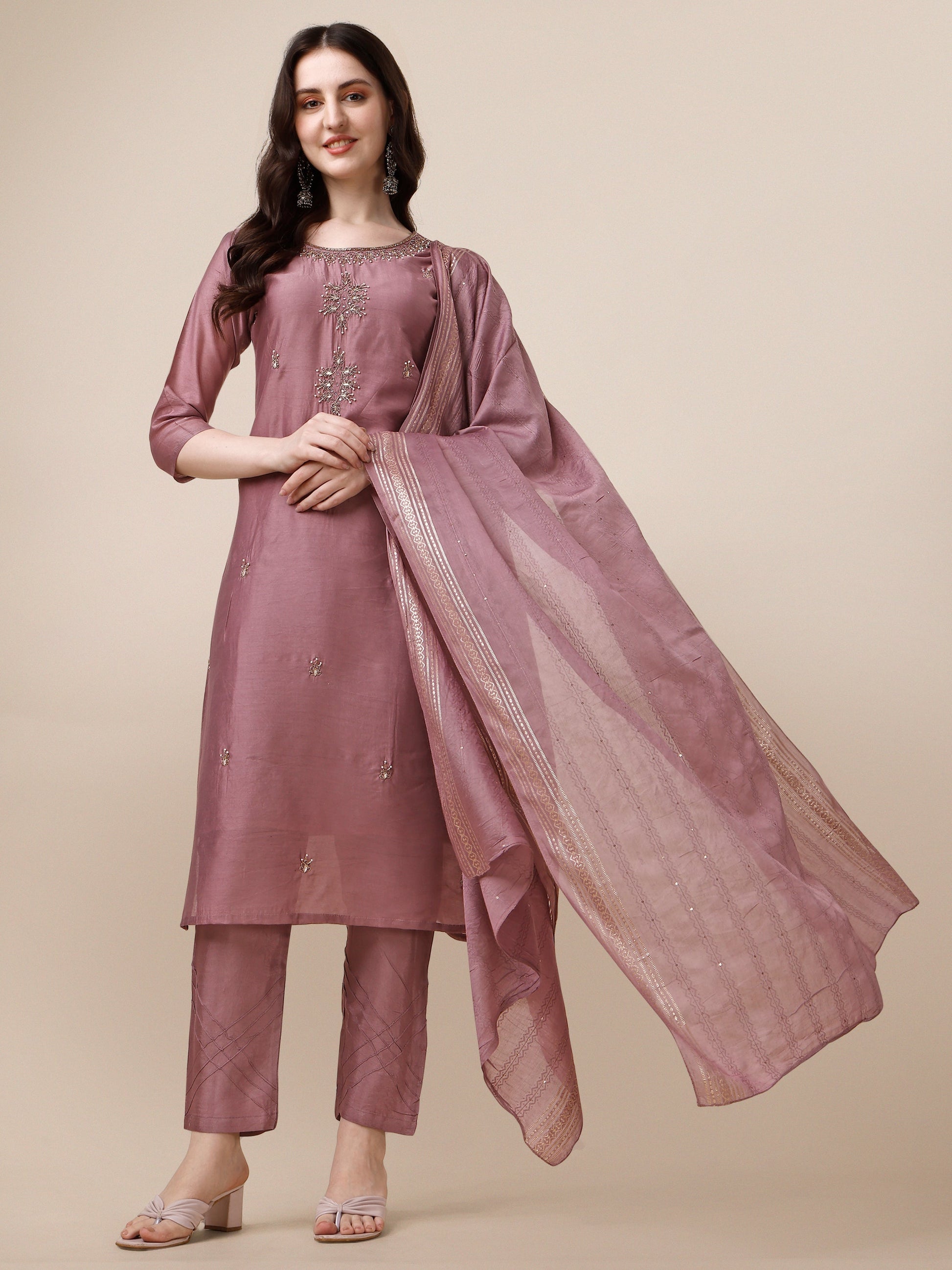 Hand Embroidered Kurta With Pant And Dupatta Set, Multicolor - Hiral Fashion