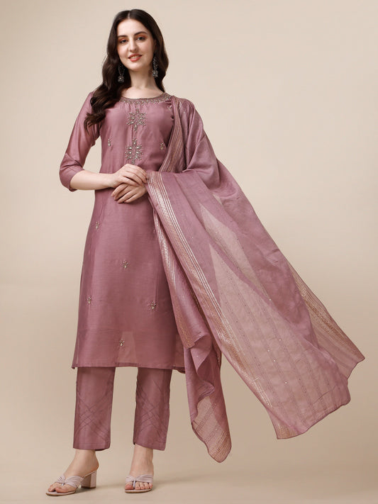 Hand Embroidered Kurta With Pant And Dupatta Set, Multicolor - Hiral Fashion