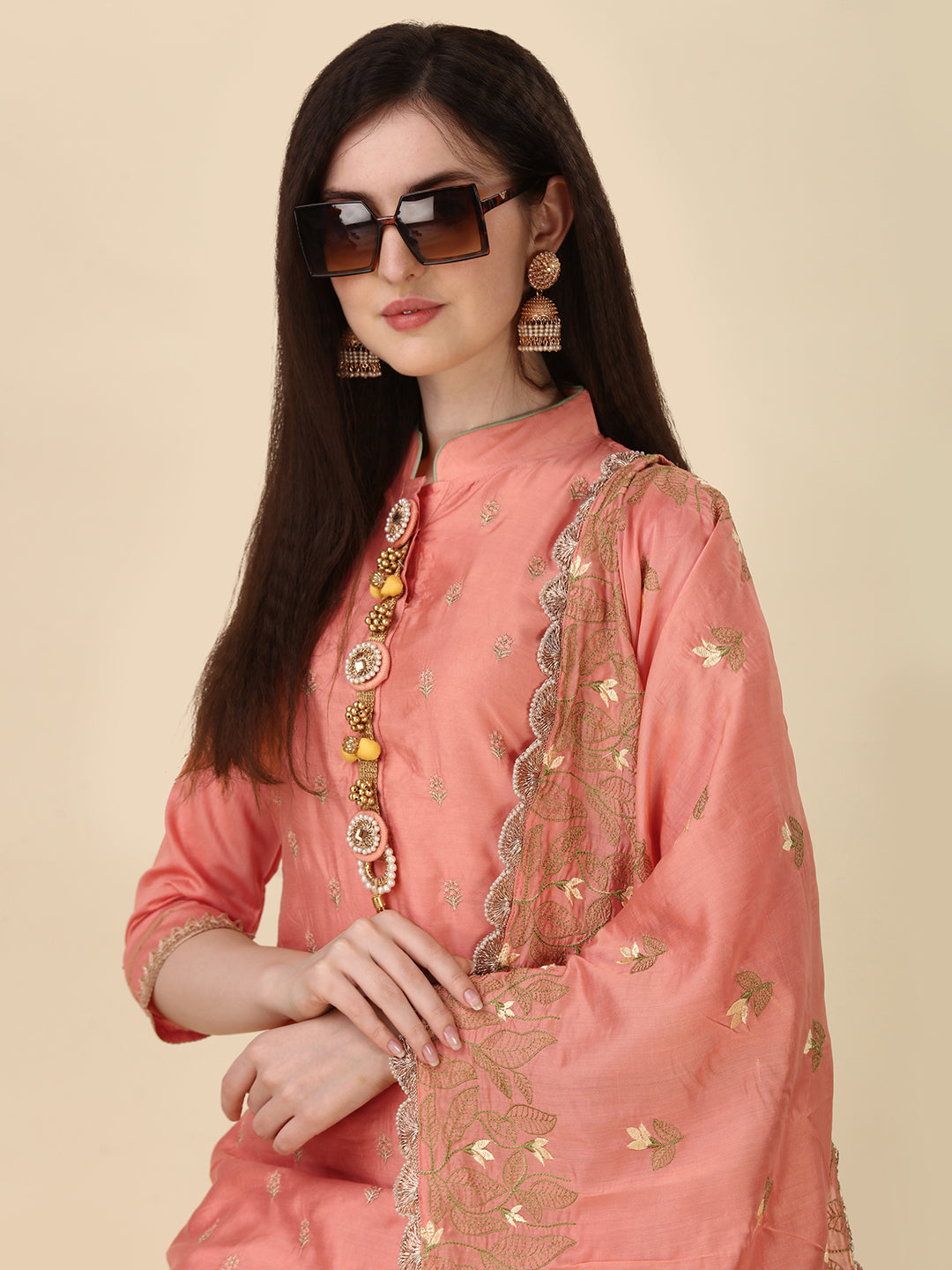 Embellished Hand Embroidered Buttoned Kurta With Pant & Dupatta Set, Multicolor - Hiral Fashion