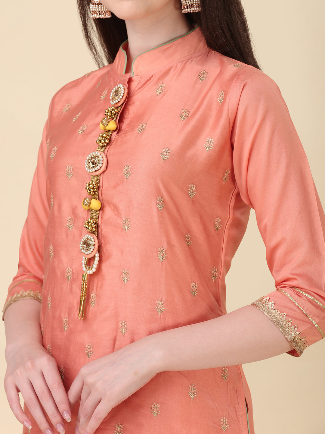Embellished Hand Embroidered Buttoned Kurta With Pant & Dupatta Set, Multicolor - Hiral Fashion