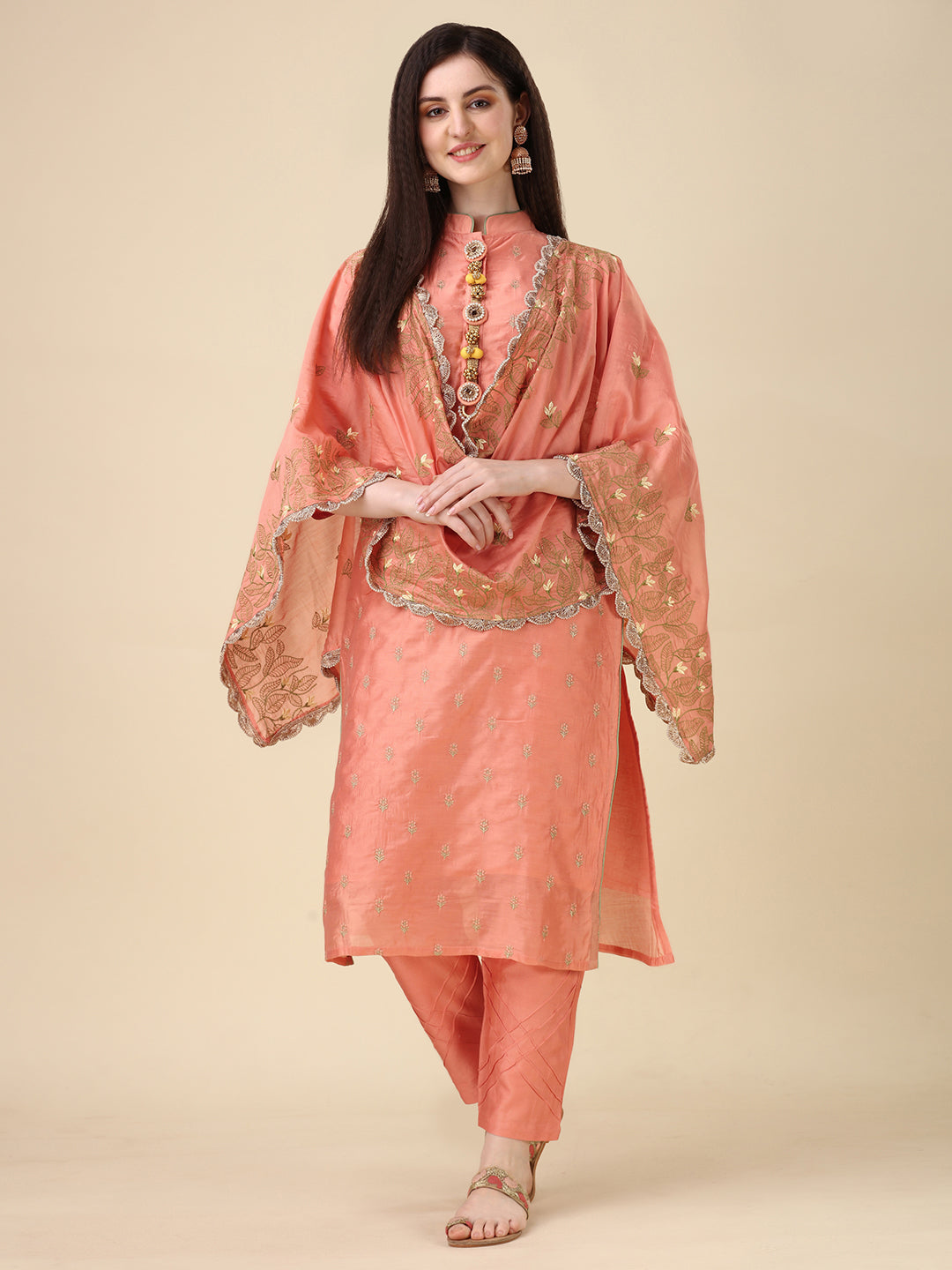 Embellished Hand Embroidered Buttoned Kurta With Pant & Dupatta Set, Multicolor - Hiral Fashion