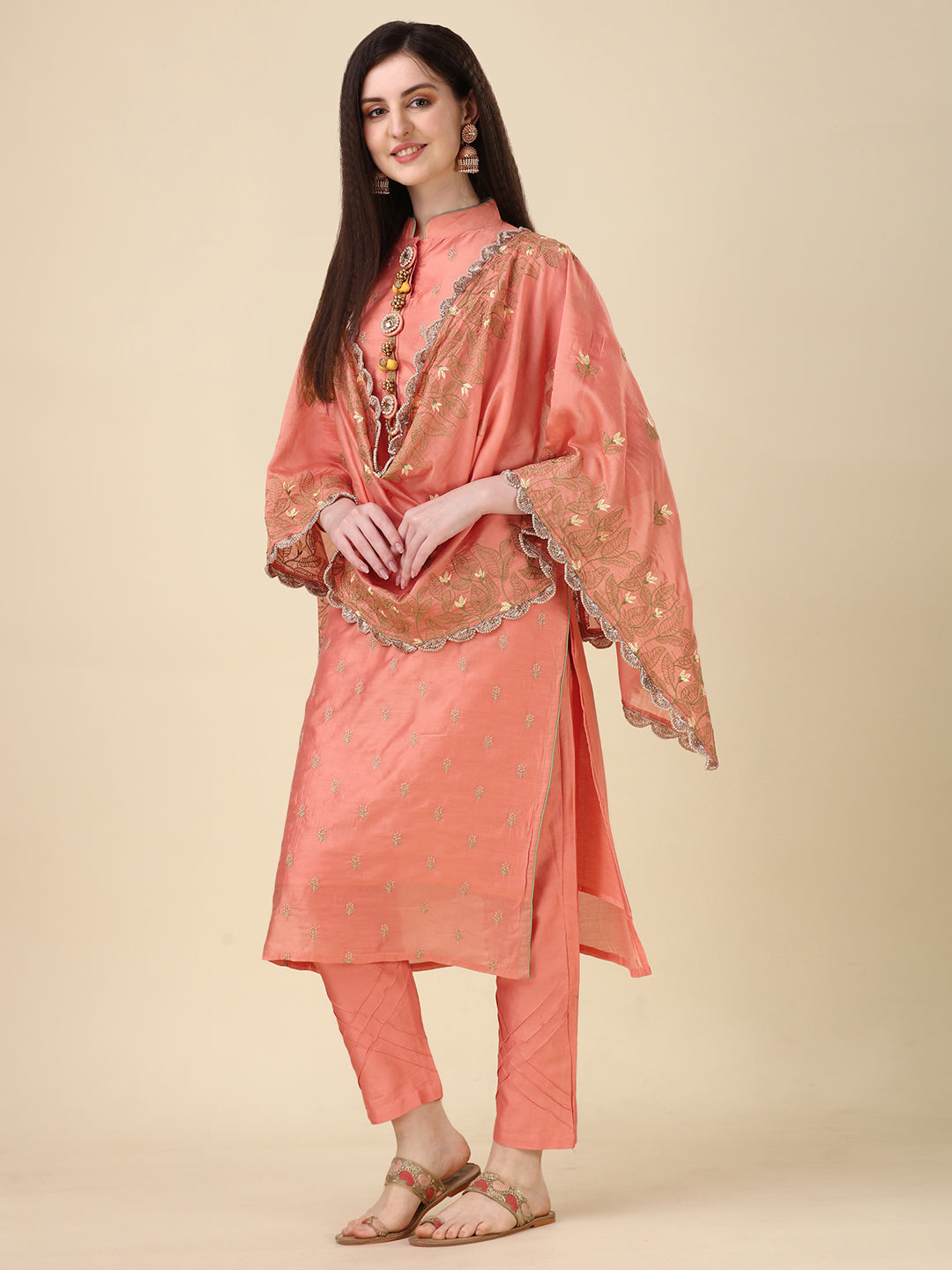 Embellished Hand Embroidered Buttoned Kurta With Pant & Dupatta Set, Multicolor - Hiral Fashion