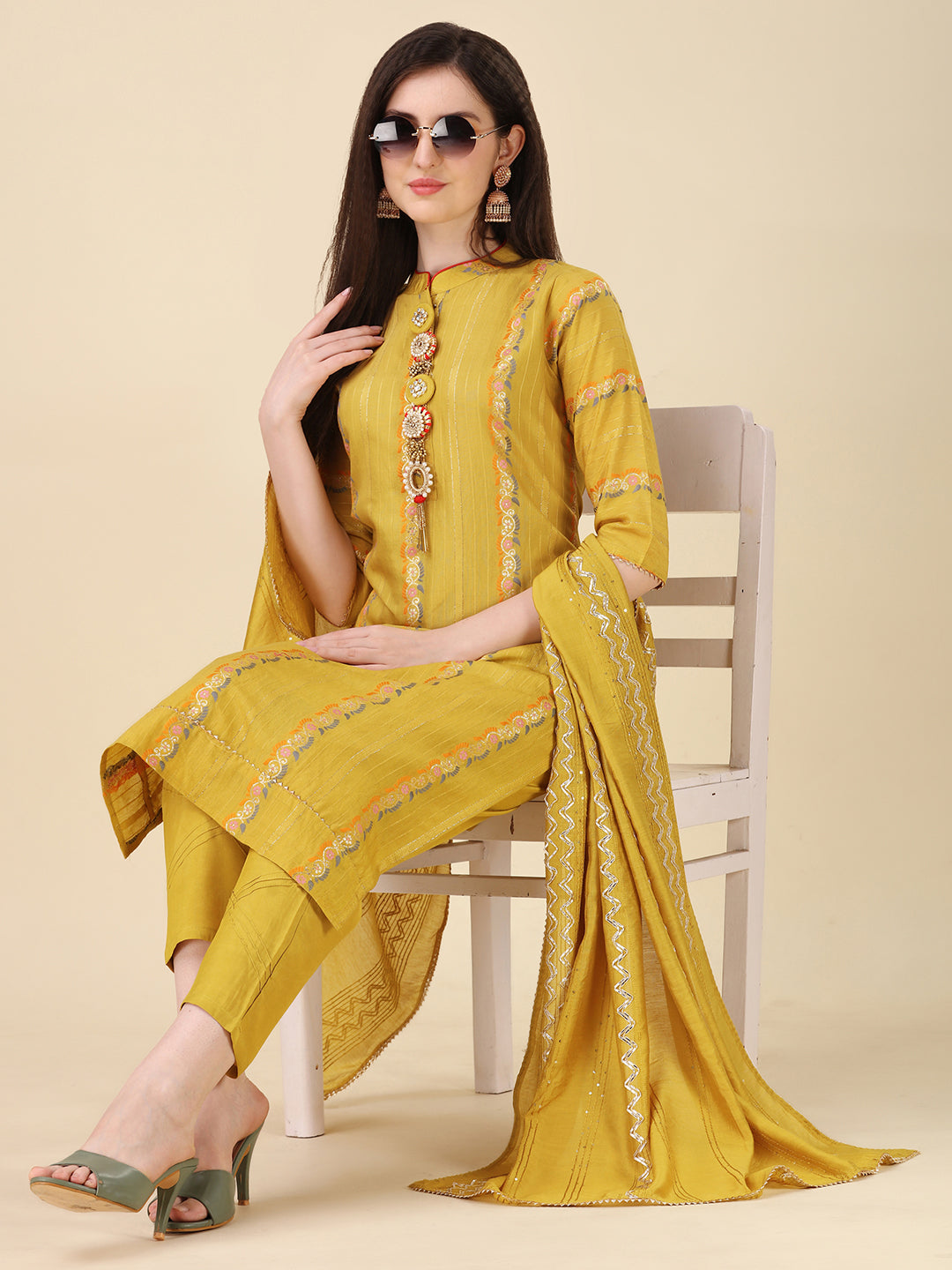 Embellished Buttoned Kurta With Pant And Dupatta Set, Multicolor - Hiral Fashion