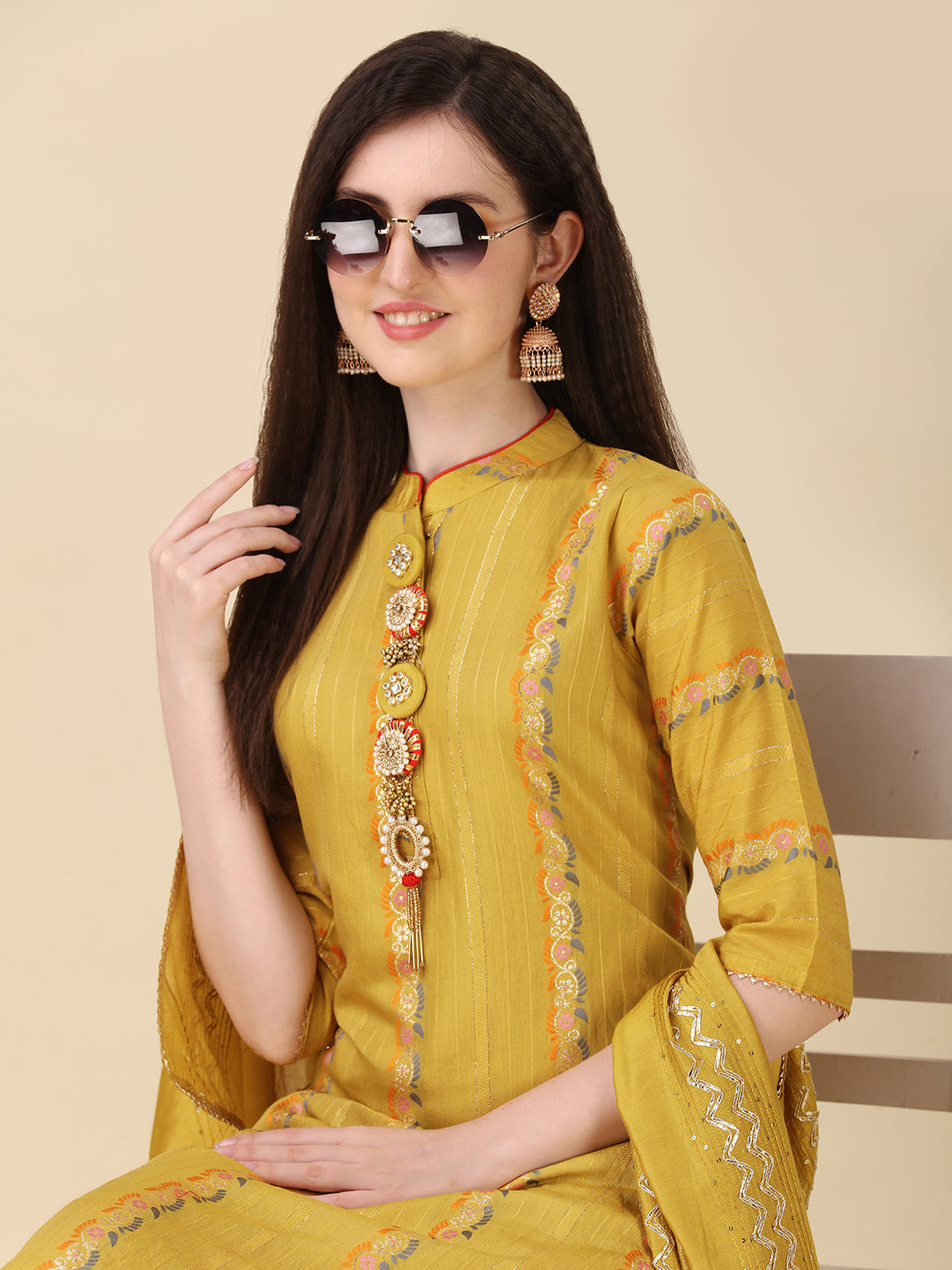 Embellished Buttoned Kurta With Pant And Dupatta Set, Multicolor - Hiral Fashion