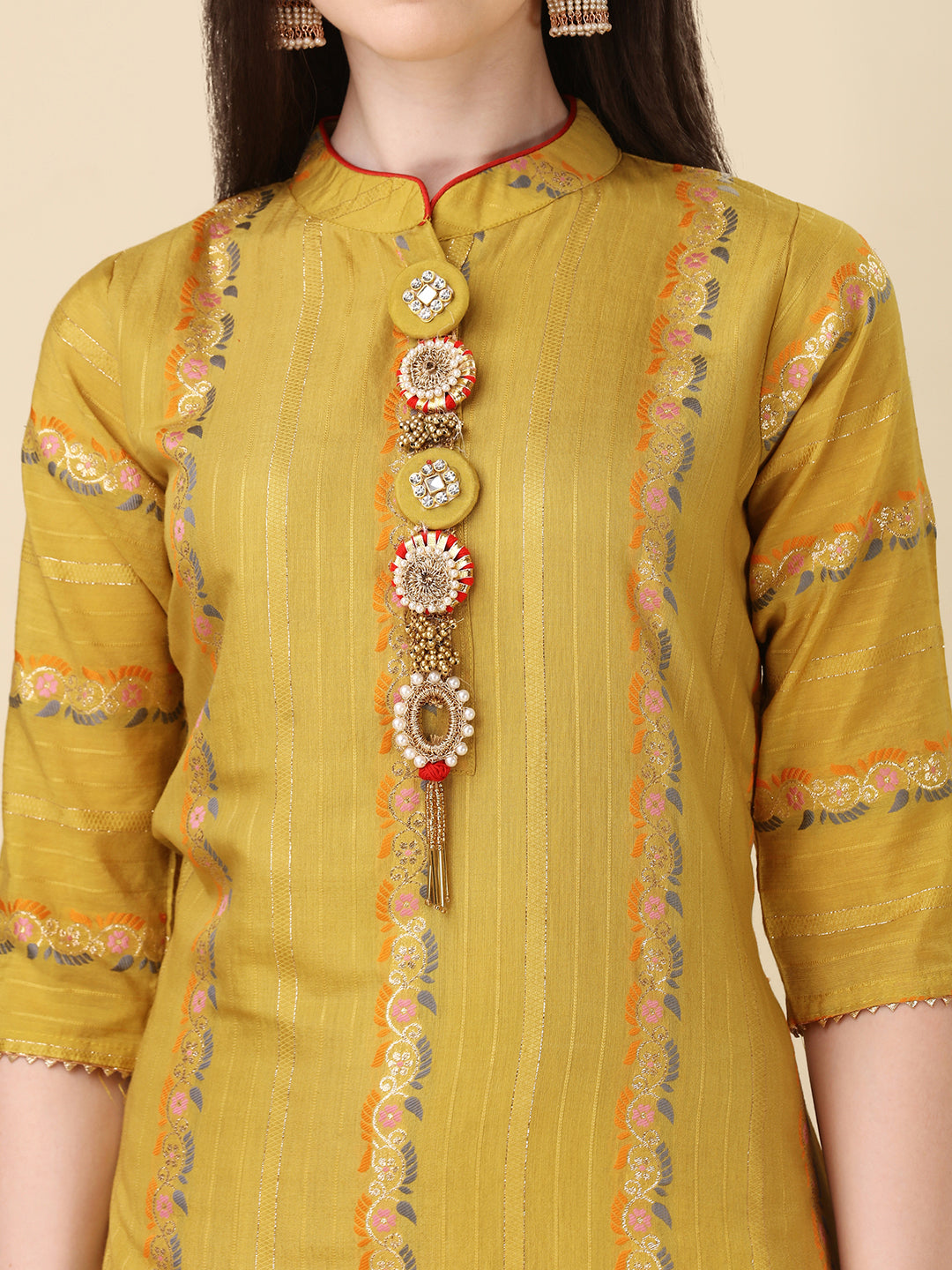 Embellished Buttoned Kurta With Pant And Dupatta Set, Multicolor - Hiral Fashion