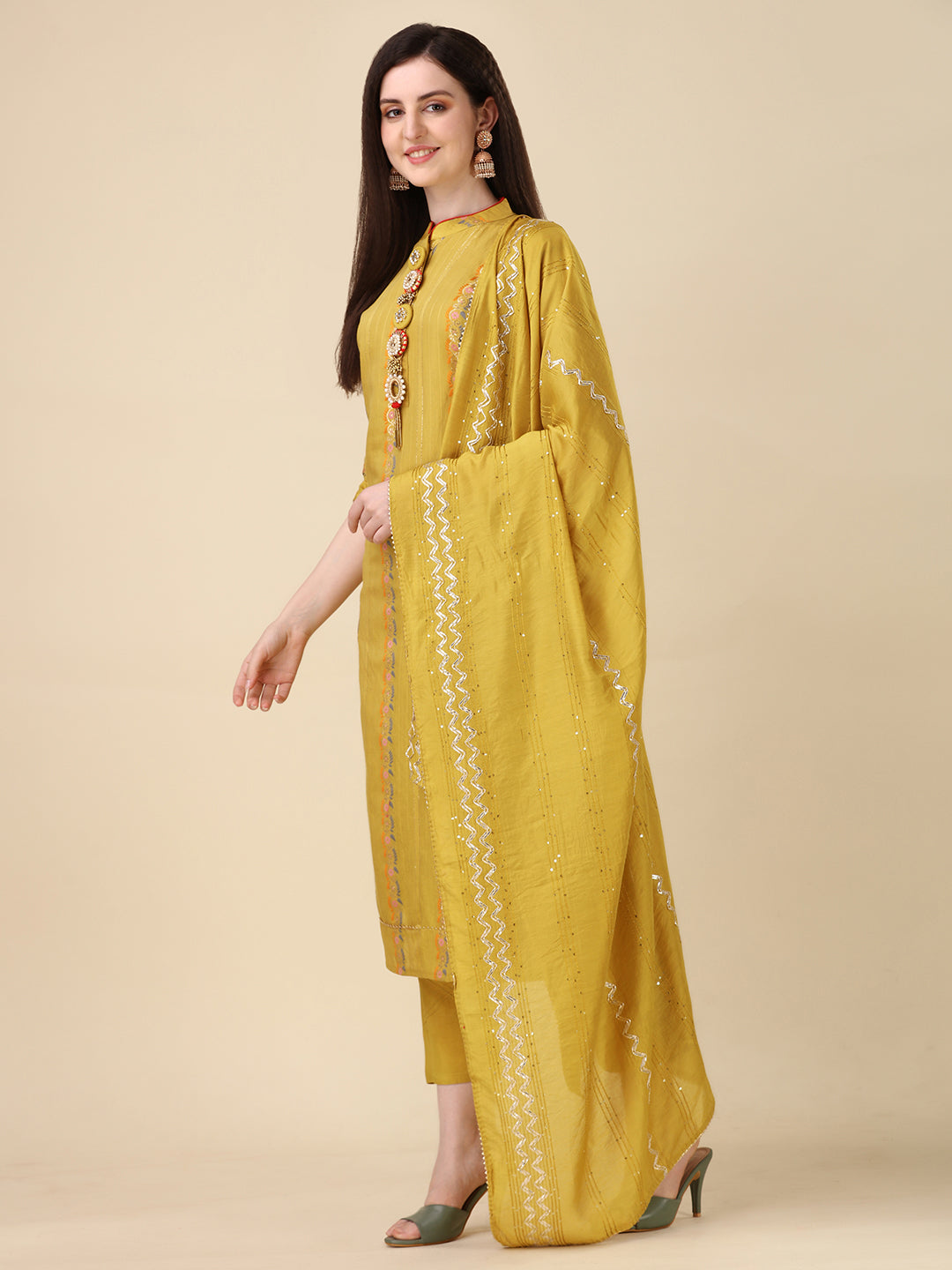 Embellished Buttoned Kurta With Pant And Dupatta Set, Multicolor - Hiral Fashion