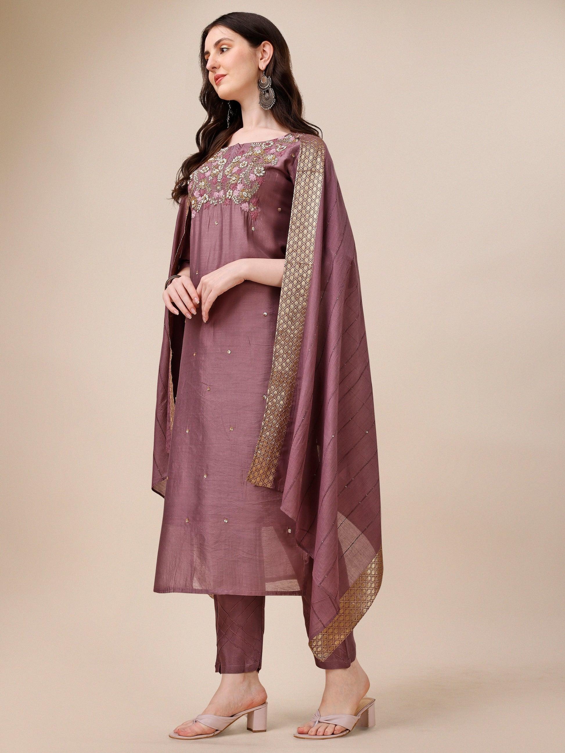 Hand Embroidered Kurta With Pant And Dupatta Set, Multicolor - Hiral Fashion
