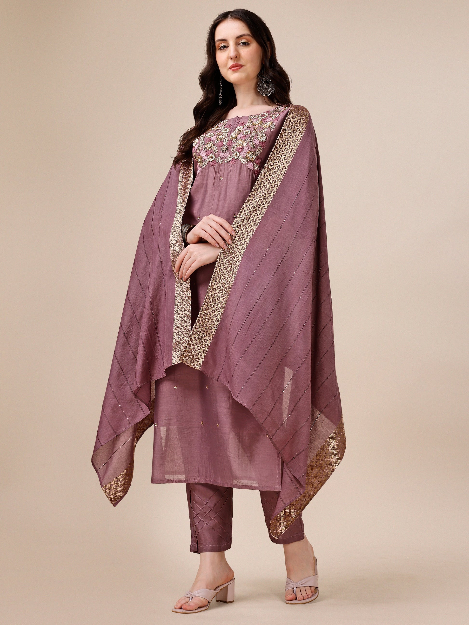 Hand Embroidered Kurta With Pant And Dupatta Set, Multicolor - Hiral Fashion