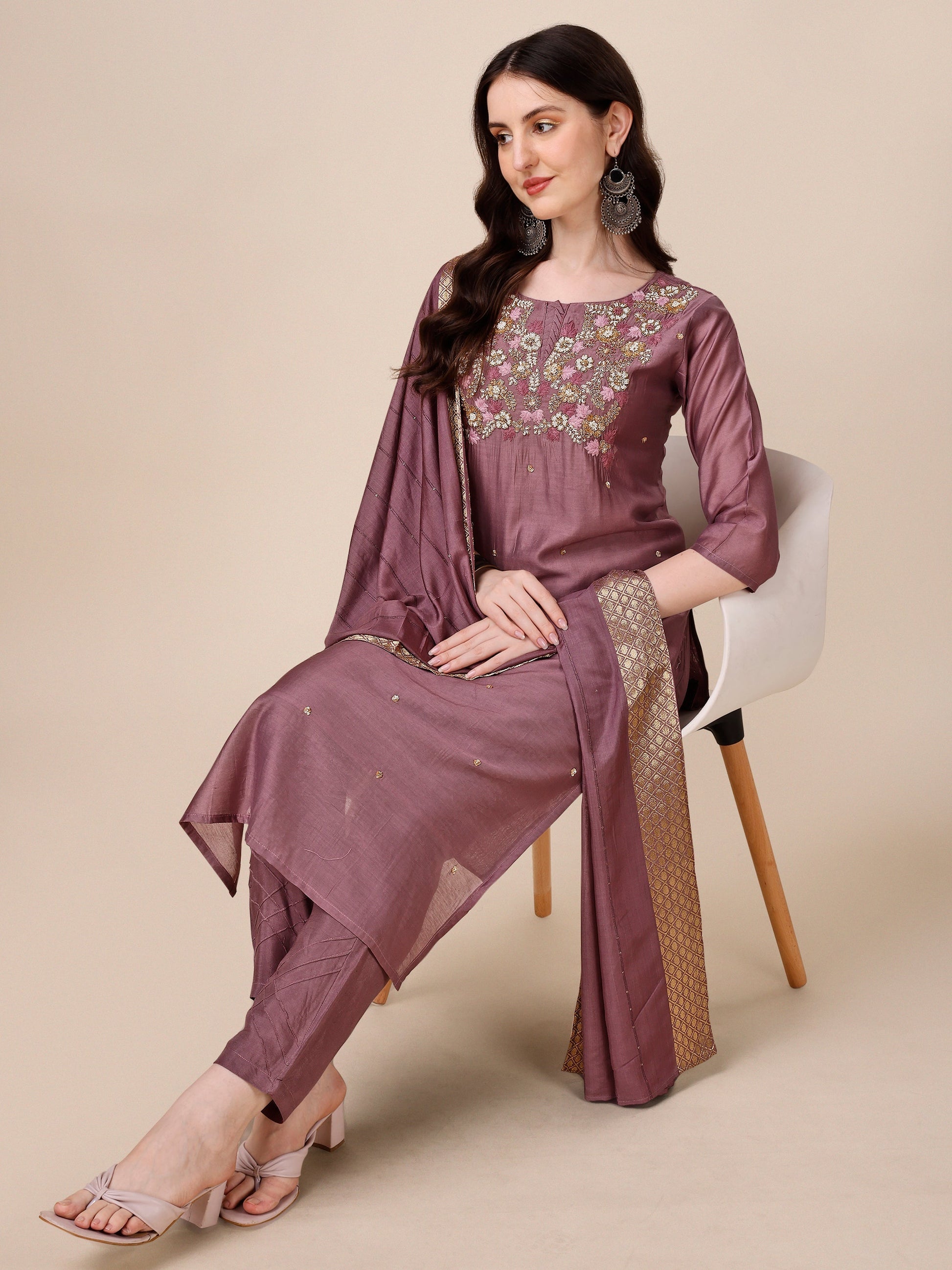 Hand Embroidered Kurta With Pant And Dupatta Set, Multicolor - Hiral Fashion