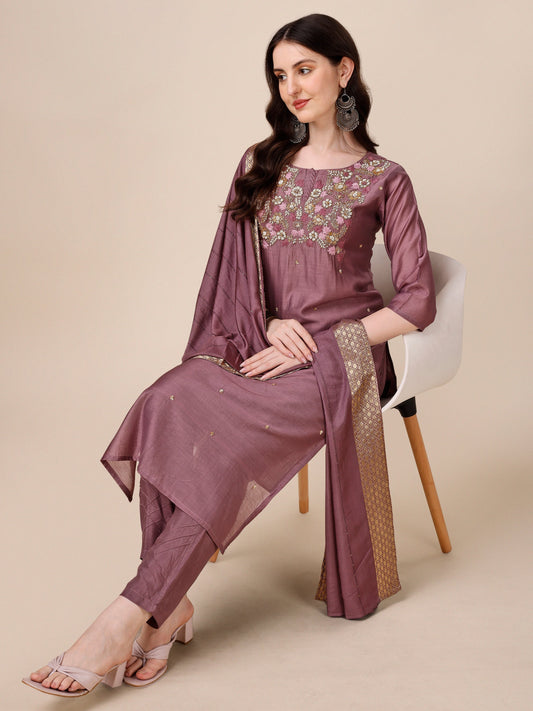 Hand Embroidered Kurta With Pant And Dupatta Set, Multicolor - Hiral Fashion