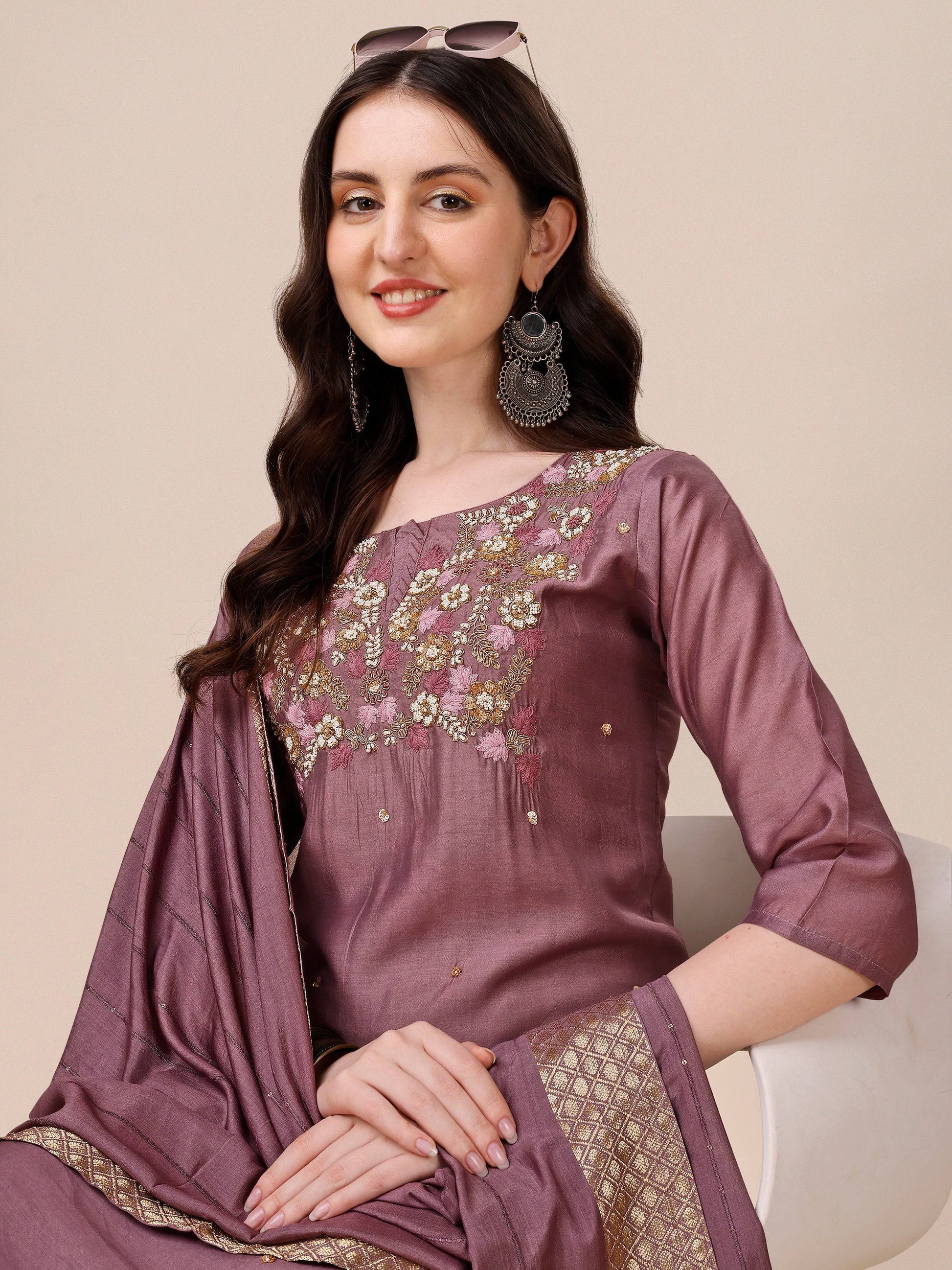Hand Embroidered Kurta With Pant And Dupatta Set, Multicolor - Hiral Fashion