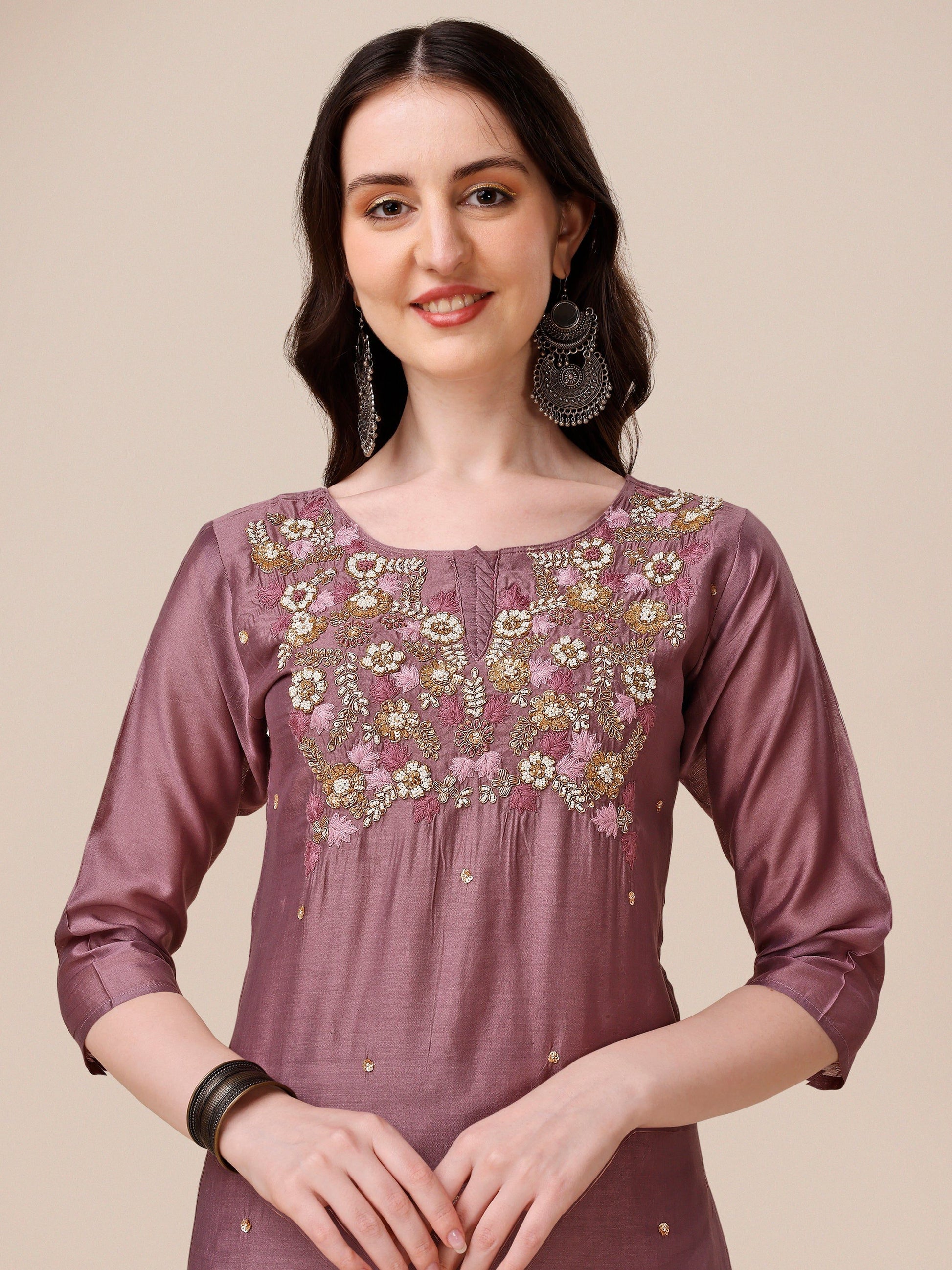 Hand Embroidered Kurta With Pant And Dupatta Set, Multicolor - Hiral Fashion