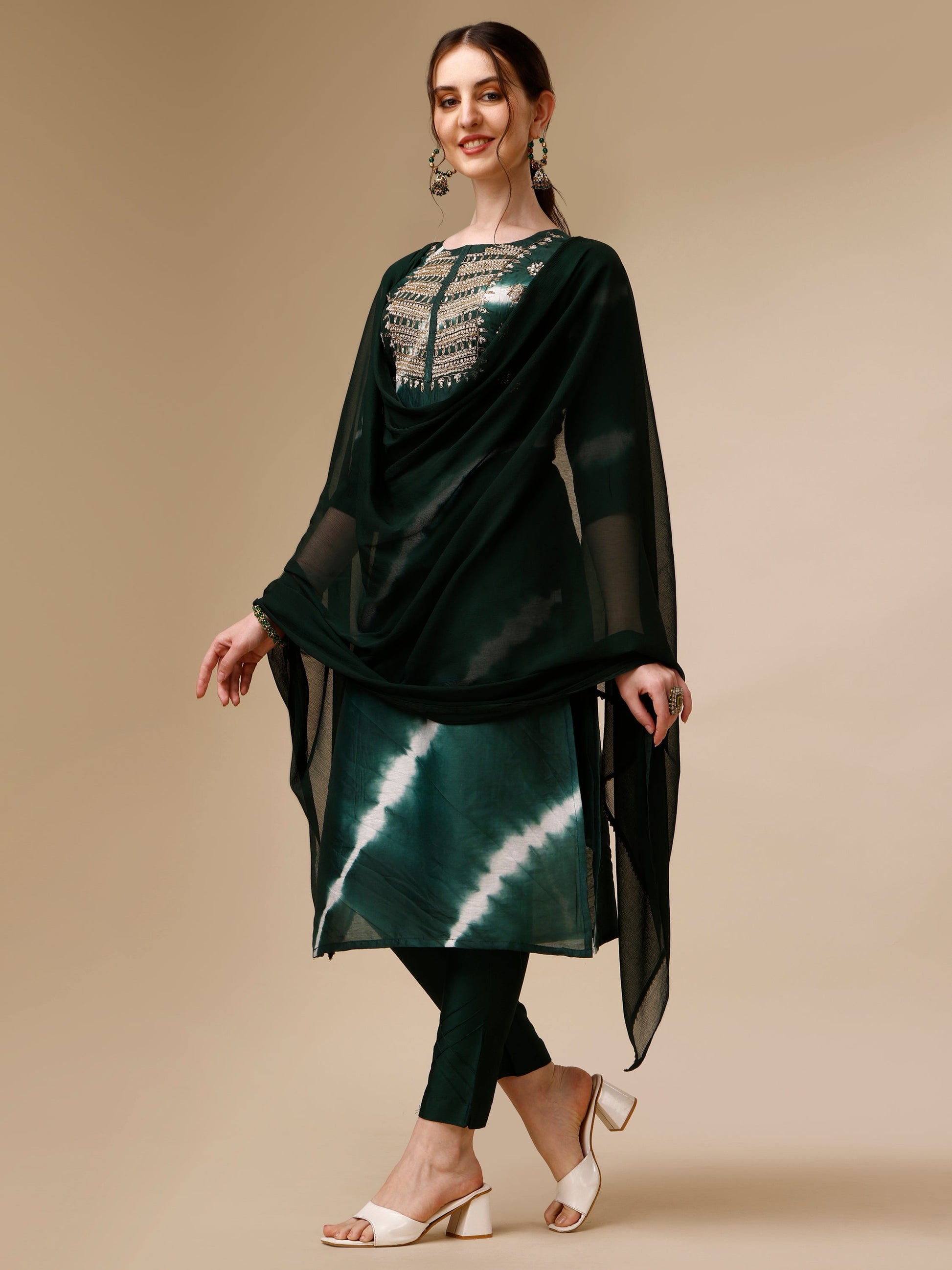 Lehariya Printed And Embroidered Kurta With Pant And Dupatta Set, Multicolor - Hiral Fashion