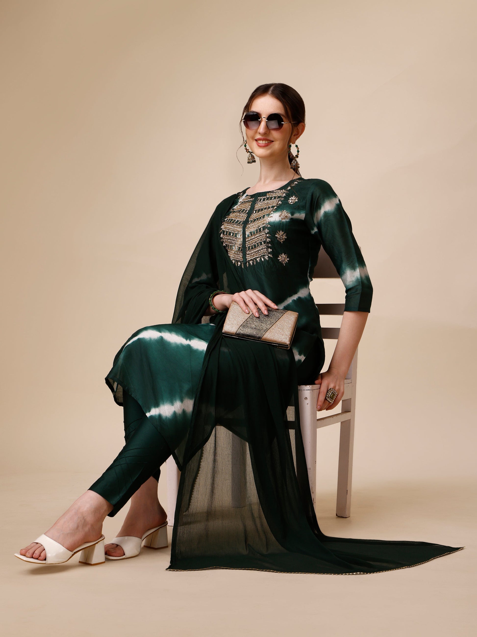 Lehariya Printed And Embroidered Kurta With Pant And Dupatta Set, Multicolor - Hiral Fashion