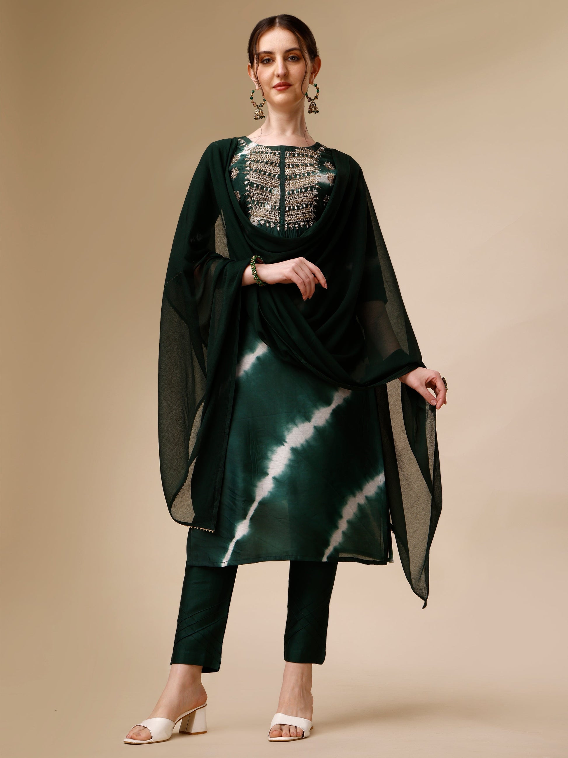 Lehariya Printed And Embroidered Kurta With Pant And Dupatta Set, Multicolor - Hiral Fashion
