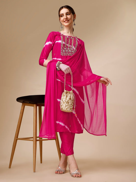 Lehariya Printed And Embroidered Kurta With Pant And Dupatta Set, Multicolor - Hiral Fashion