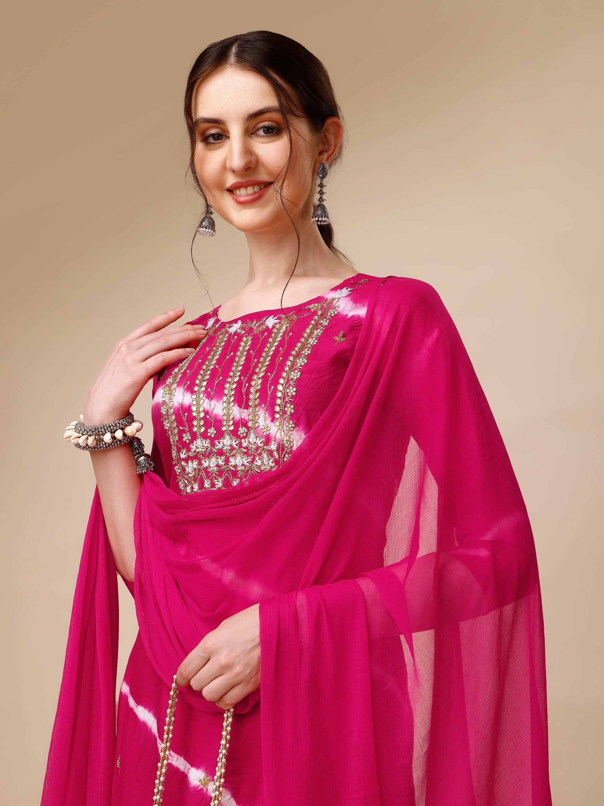 Lehariya Printed And Embroidered Kurta With Pant And Dupatta Set, Multicolor - Hiral Fashion