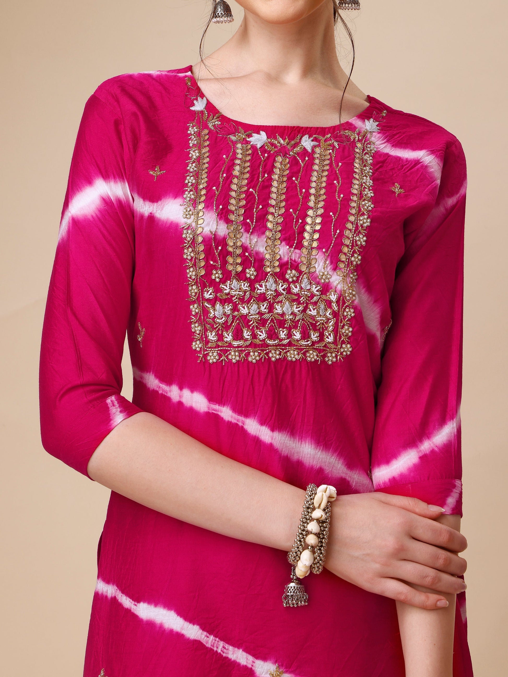 Lehariya Printed And Embroidered Kurta With Pant And Dupatta Set, Multicolor - Hiral Fashion