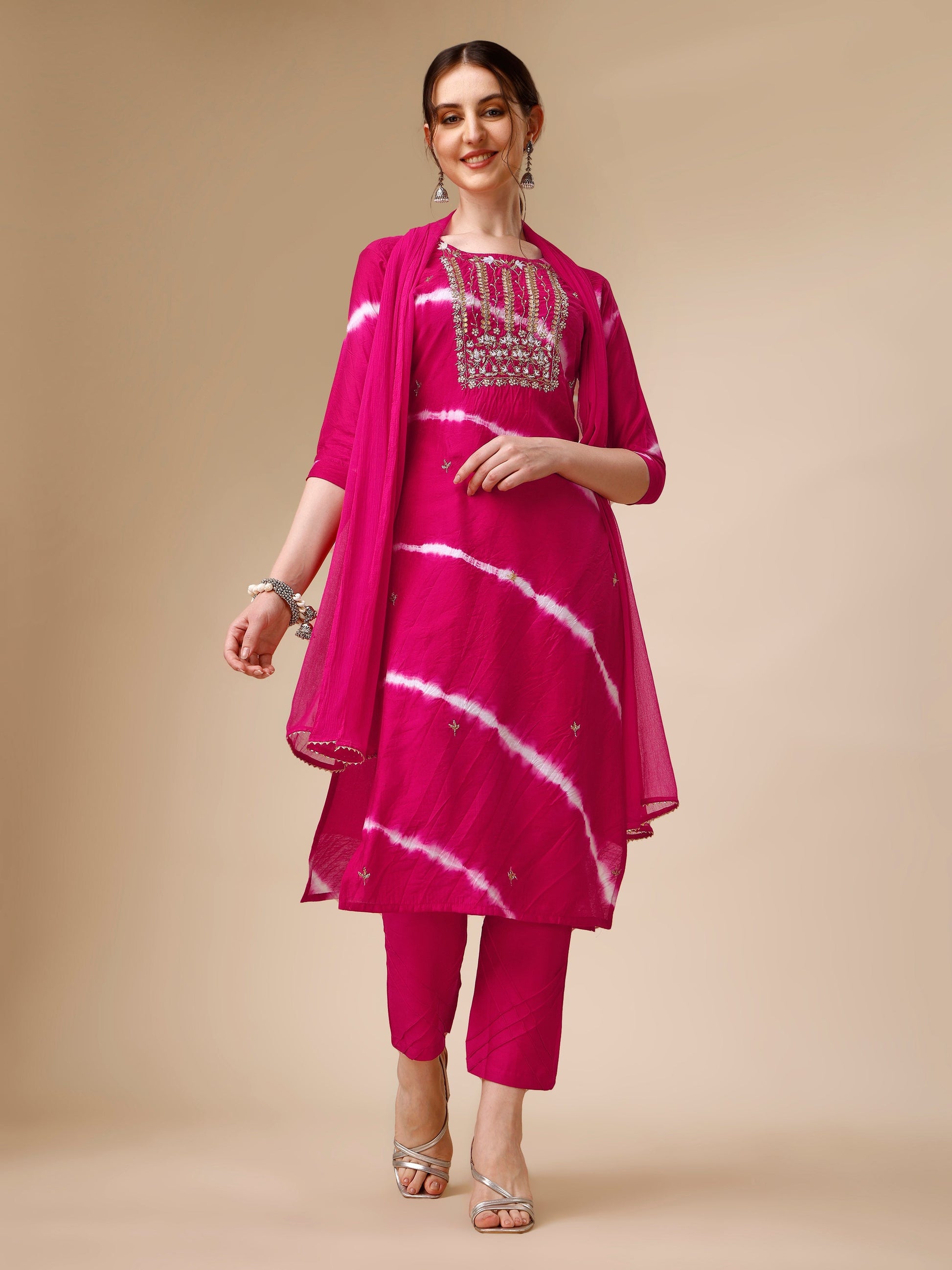 Lehariya Printed And Embroidered Kurta With Pant And Dupatta Set, Multicolor - Hiral Fashion