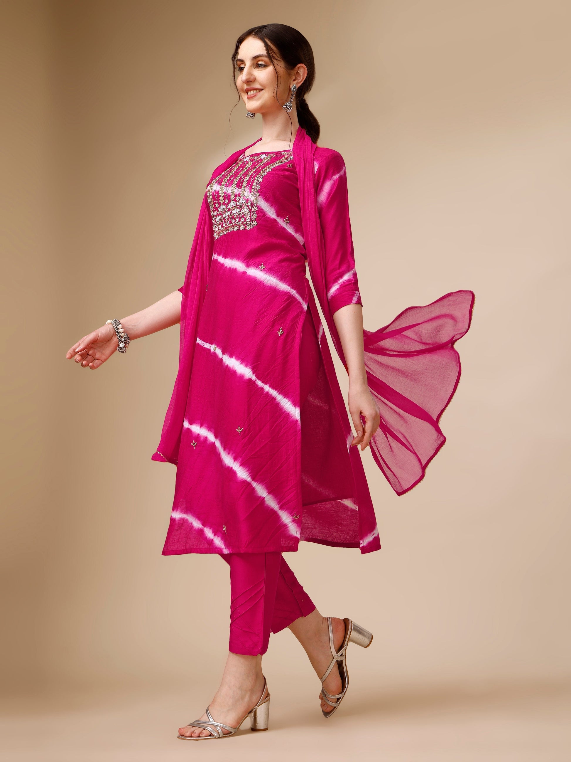 Lehariya Printed And Embroidered Kurta With Pant And Dupatta Set, Multicolor - Hiral Fashion