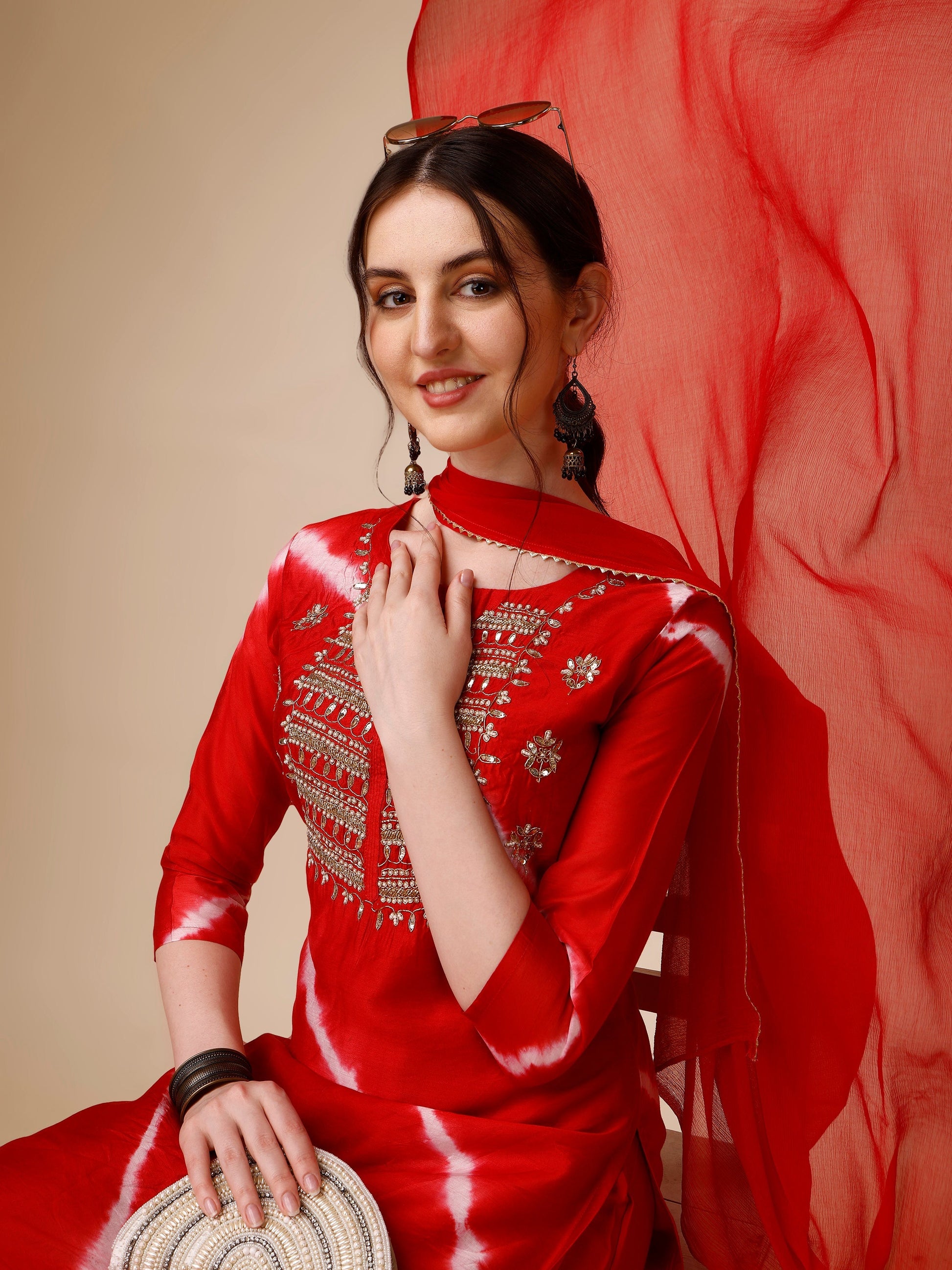 Lehariya Printed And Embroidered Kurta With Pant And Dupatta Set, Multicolor - Hiral Fashion