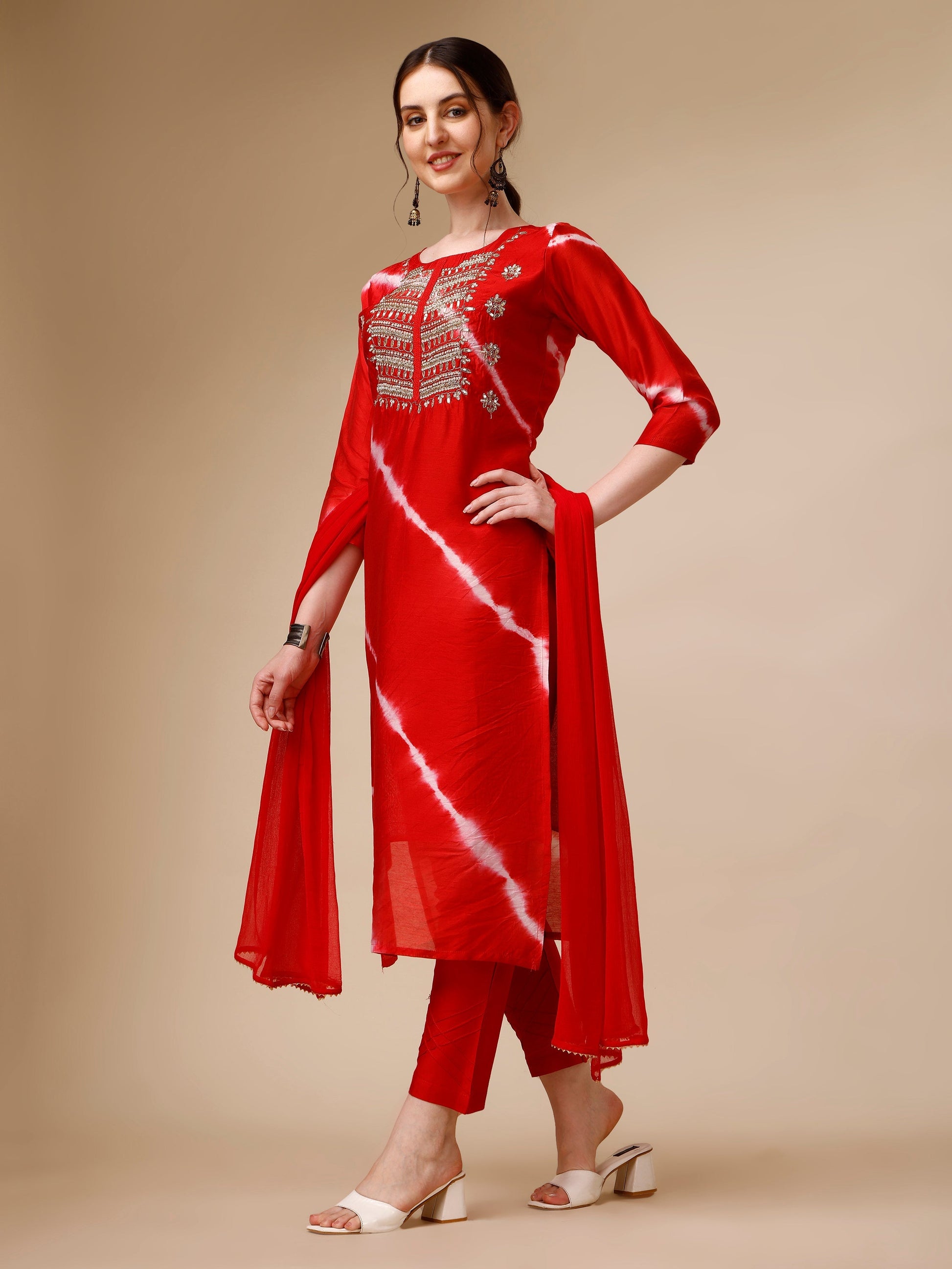 Lehariya Printed And Embroidered Kurta With Pant And Dupatta Set, Multicolor - Hiral Fashion