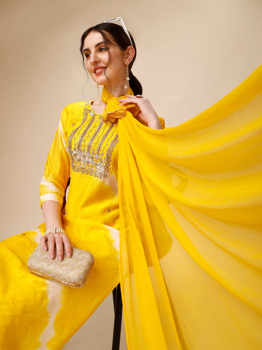 Lehariya Printed And Embroidered Kurta With Pant And Dupatta Set, Multicolor - Hiral Fashion