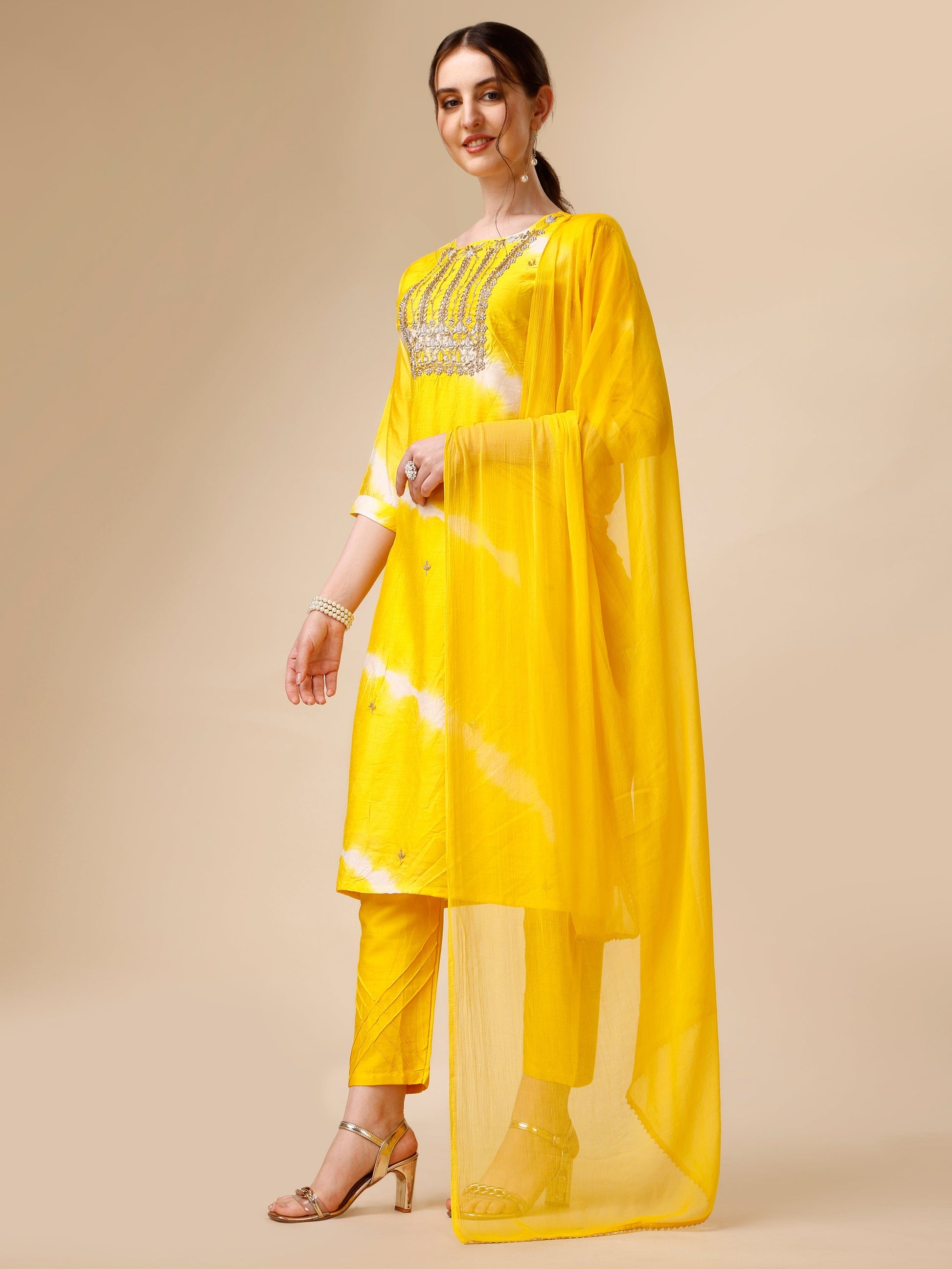 Lehariya Printed And Embroidered Kurta With Pant And Dupatta Set, Multicolor - Hiral Fashion