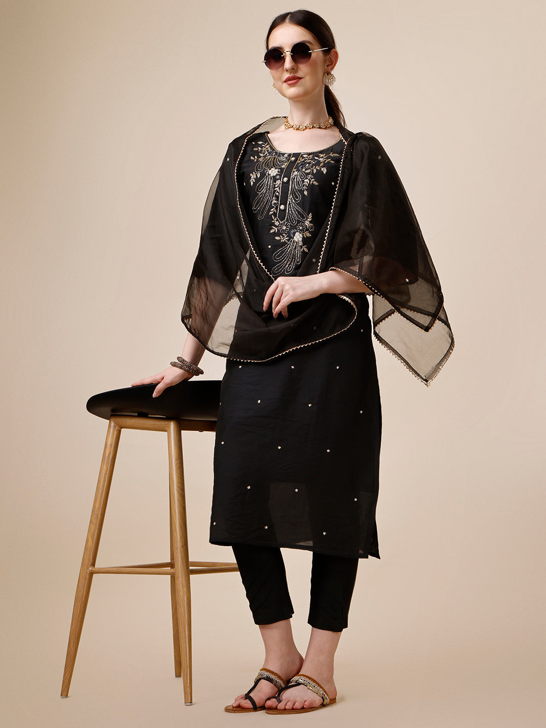Embroidered Kurta With Pant And Dupatta Set, Multicolor - Hiral Fashion