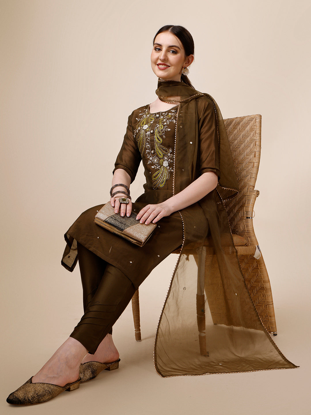 Embroidered Green Kurta With Pant And Dupatta Set, Multicolor - Hiral Fashion