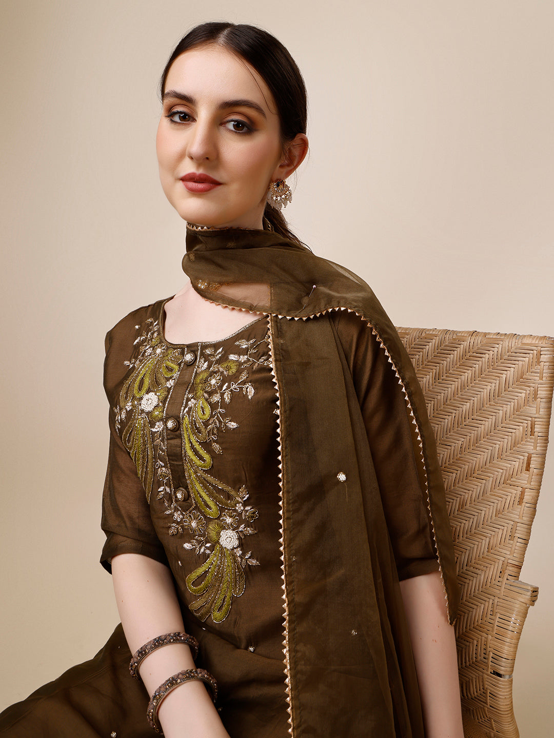 Embroidered Green Kurta With Pant And Dupatta Set, Multicolor - Hiral Fashion