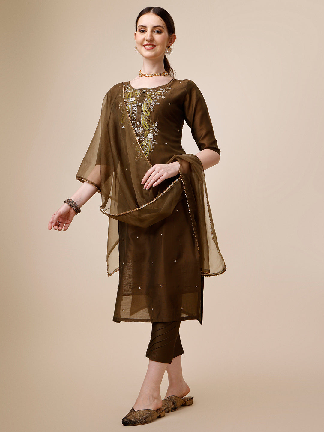 Embroidered Green Kurta With Pant And Dupatta Set, Multicolor - Hiral Fashion