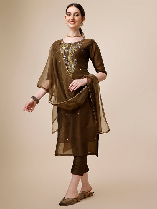 Embroidered Green Kurta With Pant And Dupatta Set, Multicolor - Hiral Fashion
