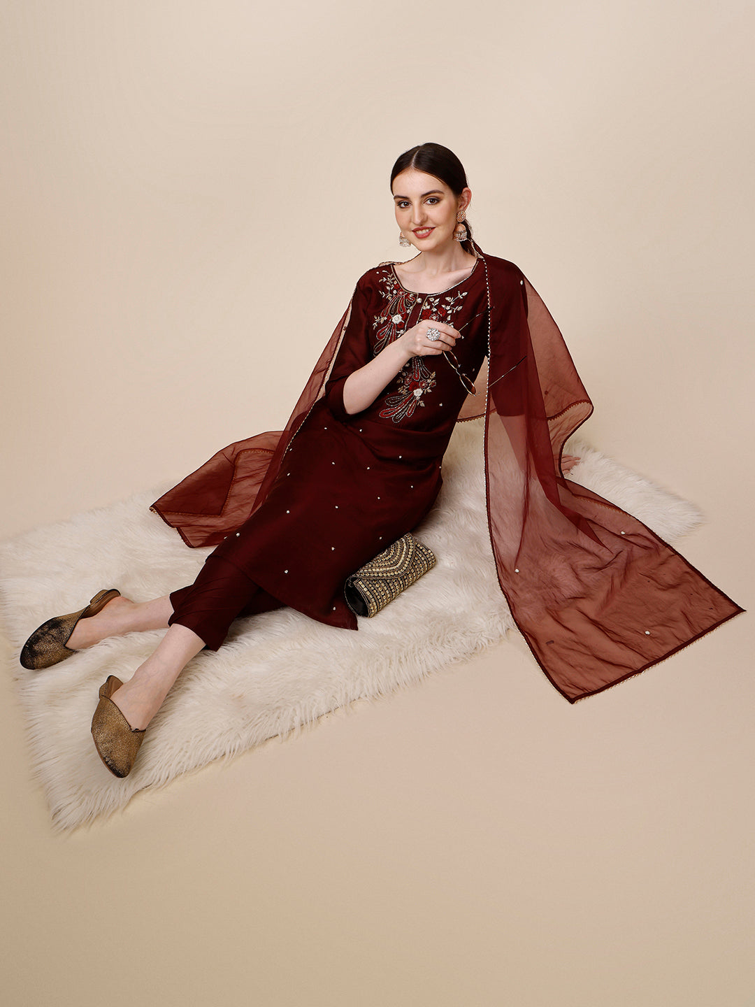 Embroidered Maroon Kurta With Pant And Dupatta Set, Multicolor - Hiral Fashion