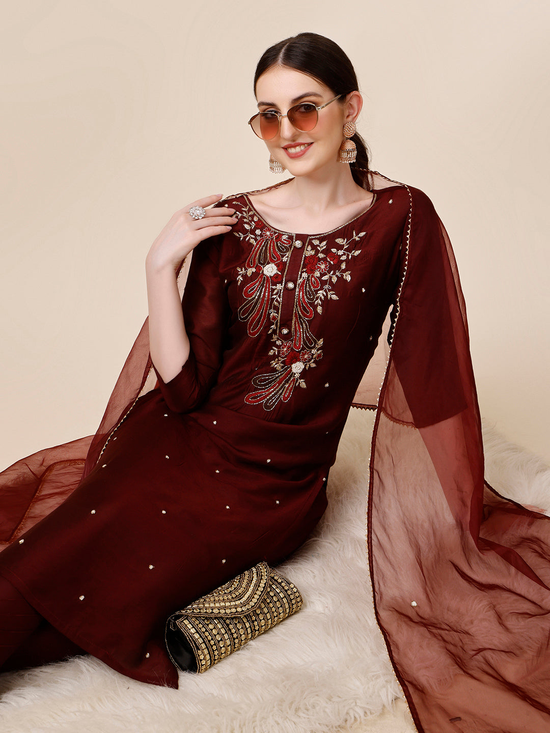 Embroidered Maroon Kurta With Pant And Dupatta Set, Multicolor - Hiral Fashion