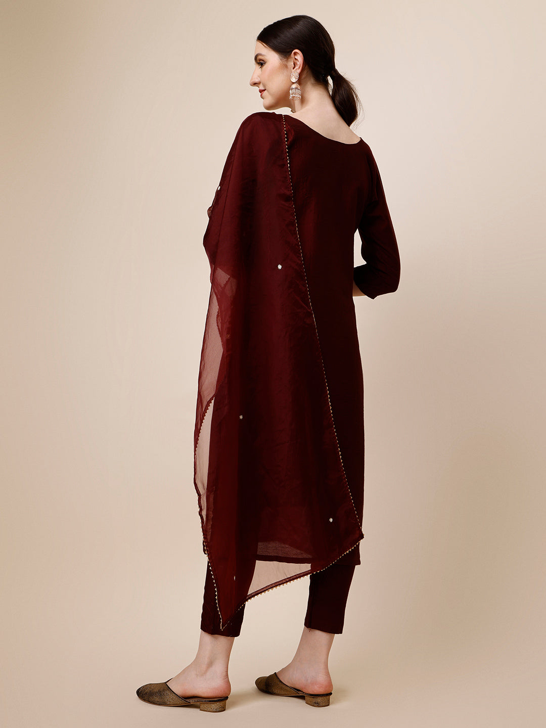 Embroidered Maroon Kurta With Pant And Dupatta Set, Multicolor - Hiral Fashion