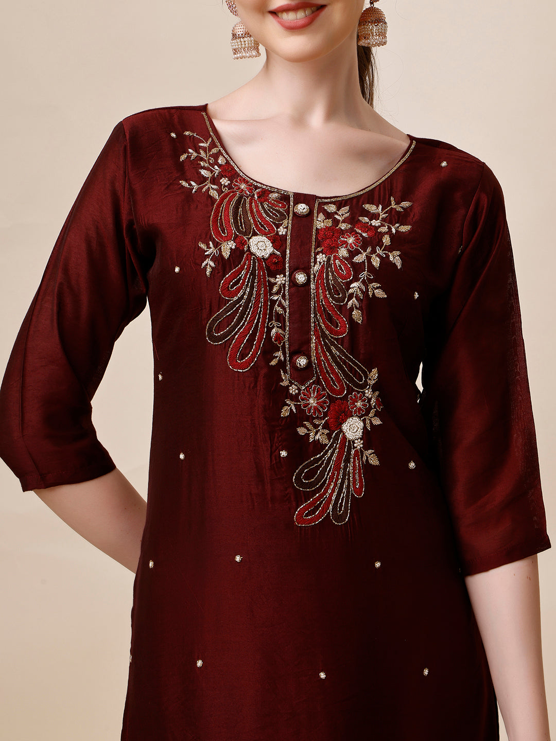 Embroidered Maroon Kurta With Pant And Dupatta Set, Multicolor - Hiral Fashion