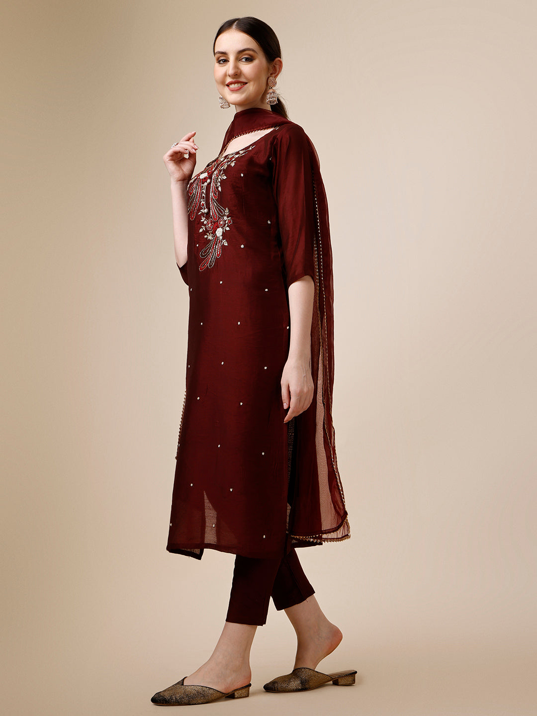 Embroidered Maroon Kurta With Pant And Dupatta Set, Multicolor - Hiral Fashion