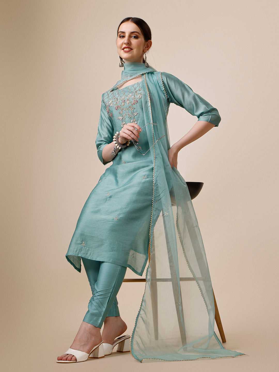 Hand Embroidered Kurta With Pant & Dupatta Set, Multicolor - Hiral Fashion