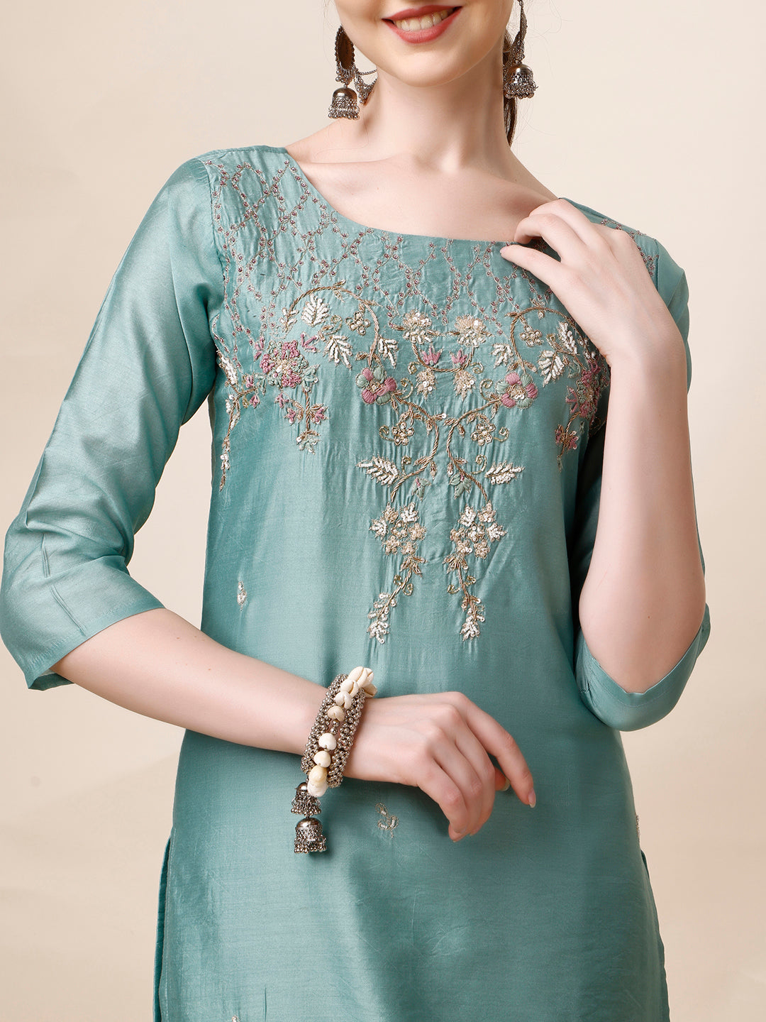 Hand Embroidered Kurta With Pant & Dupatta Set, Multicolor - Hiral Fashion
