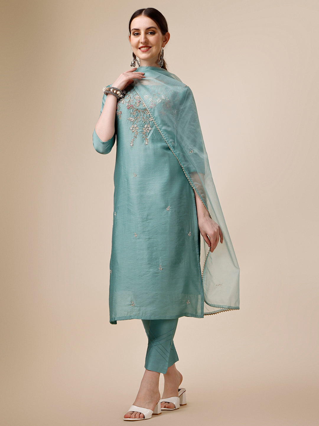 Hand Embroidered Kurta With Pant & Dupatta Set, Multicolor - Hiral Fashion