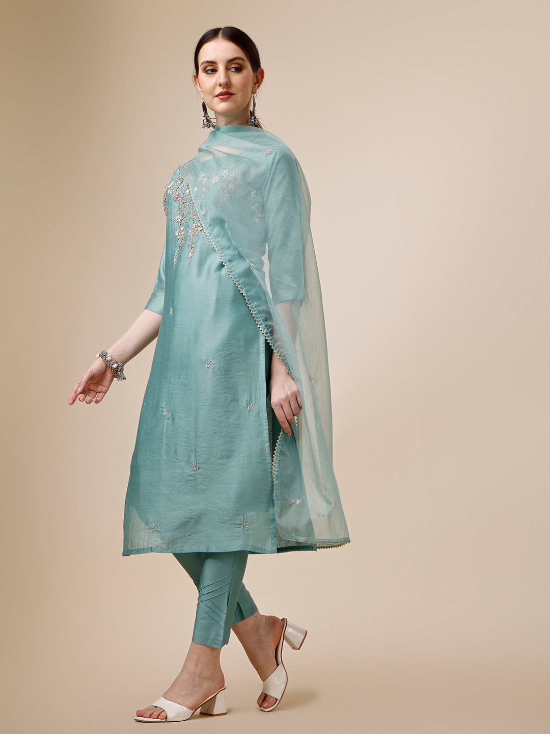 Hand Embroidered Kurta With Pant & Dupatta Set, Multicolor - Hiral Fashion