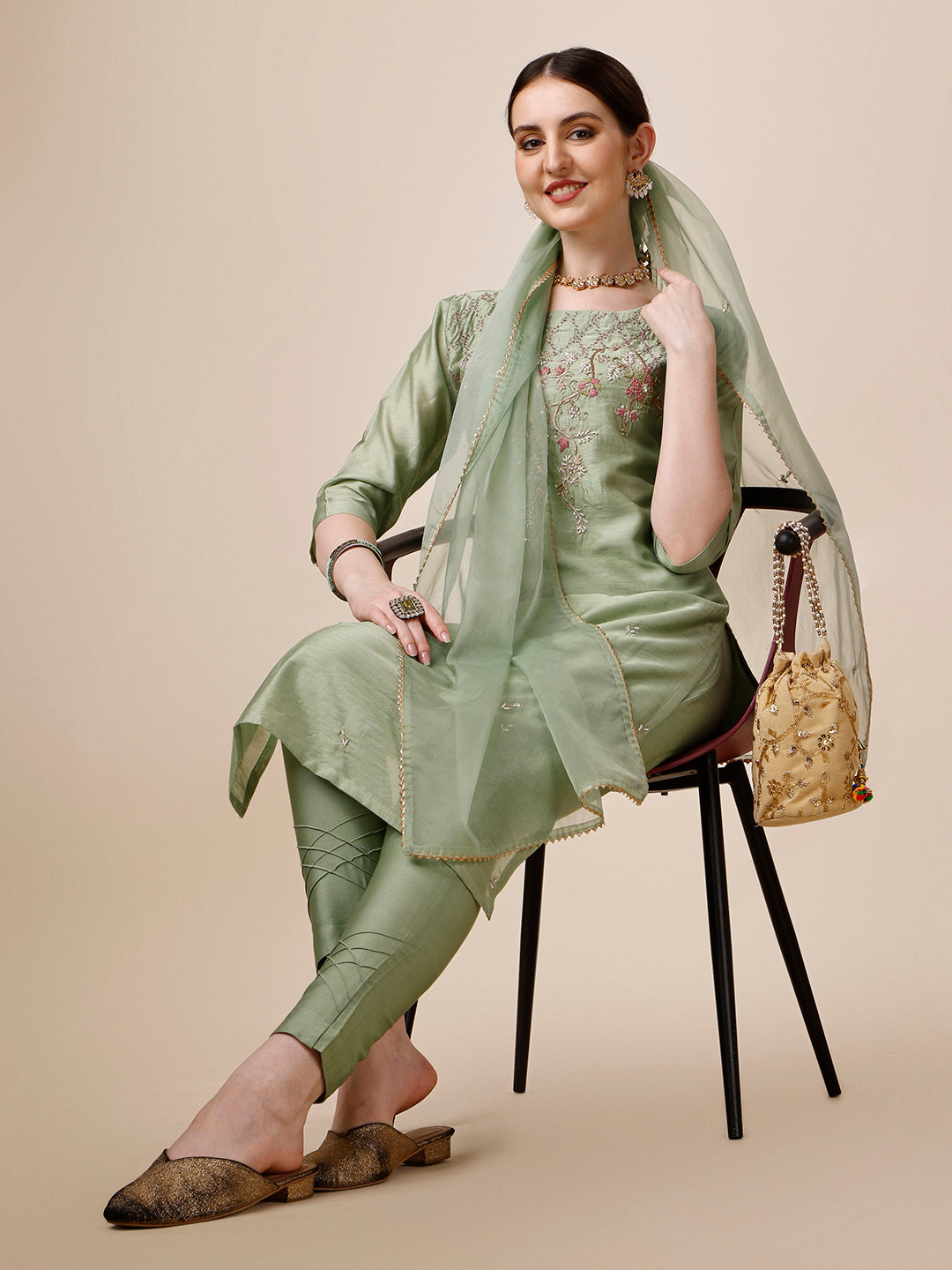 Embroidered Kurta With Pant And Dupatta Set, Multicolor - Hiral Fashion