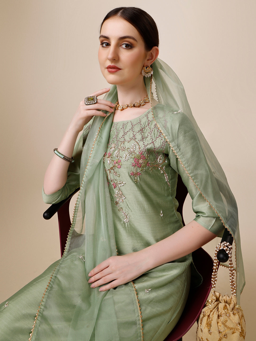 Embroidered Kurta With Pant And Dupatta Set, Multicolor - Hiral Fashion