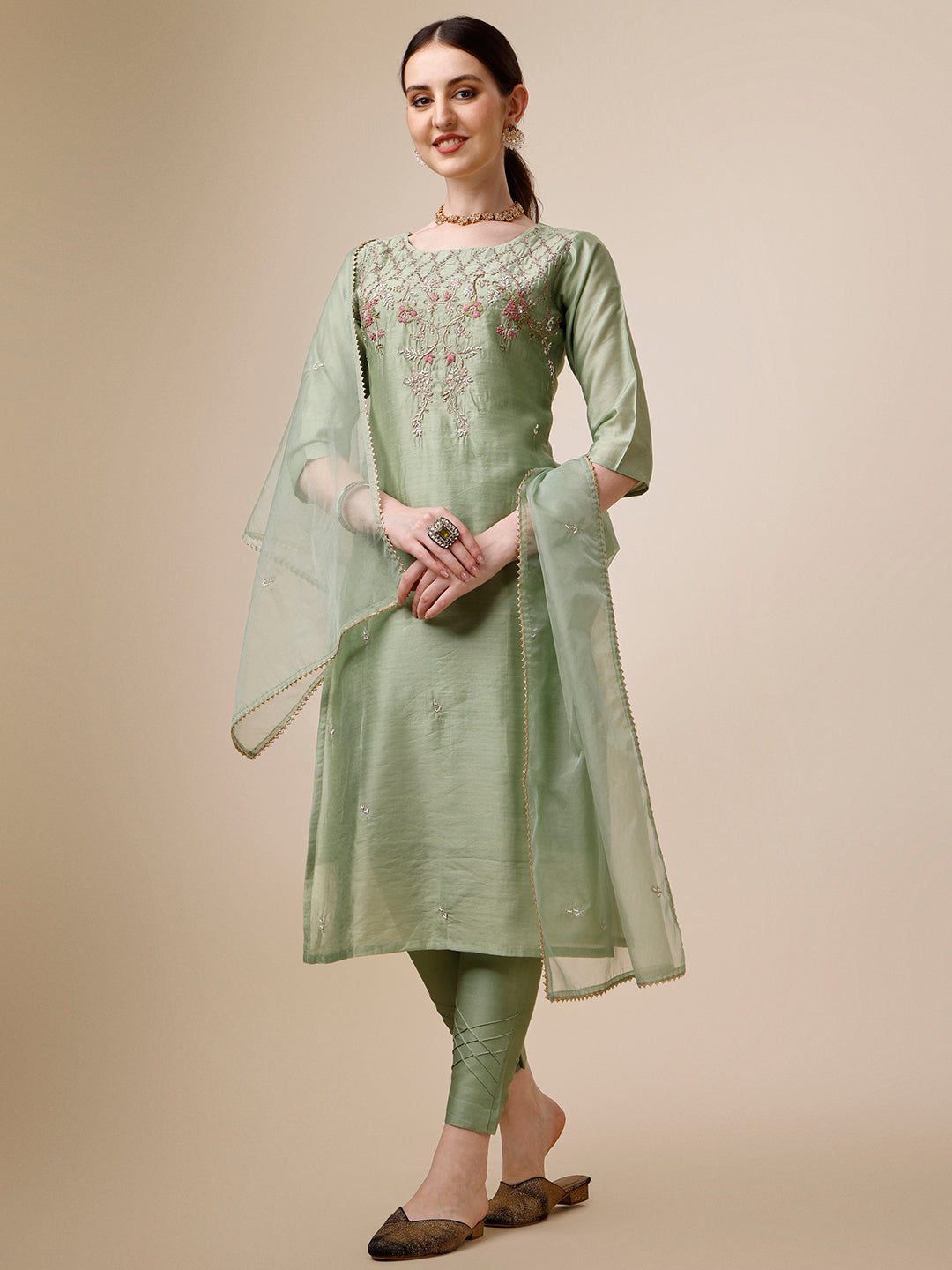 Embroidered Kurta With Pant And Dupatta Set, Multicolor - Hiral Fashion
