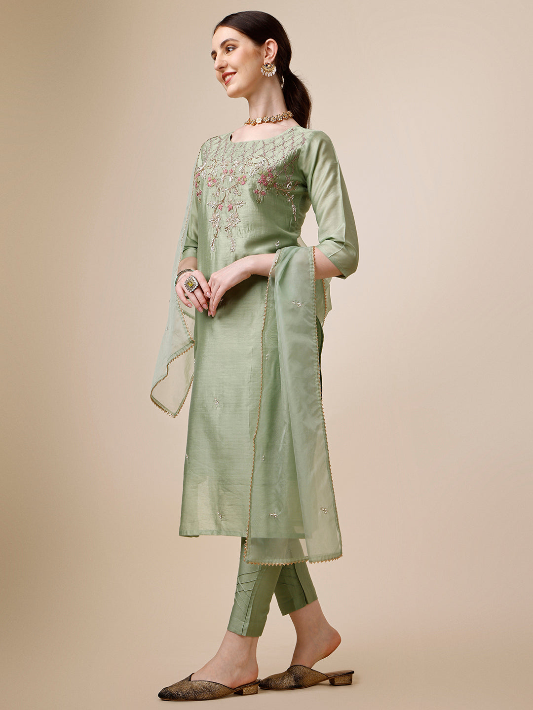 Embroidered Kurta With Pant And Dupatta Set, Multicolor - Hiral Fashion