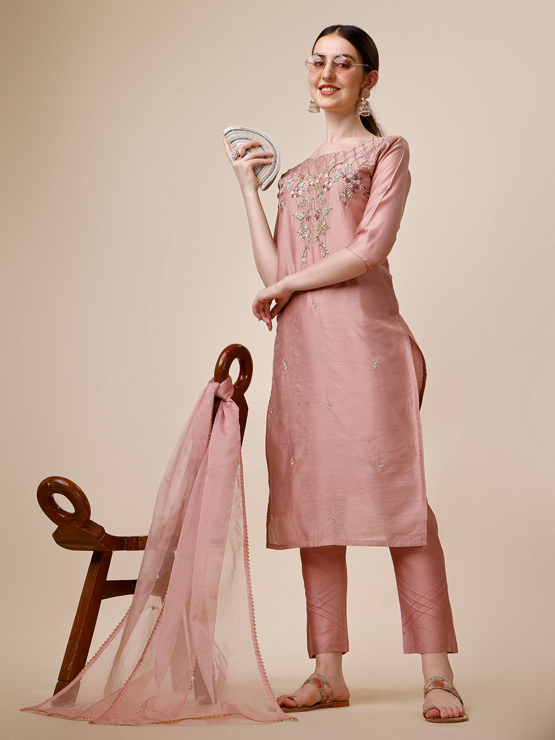Hand Embroidered Kurta With Pant & Dupatta Set, Multicolor - Hiral Fashion