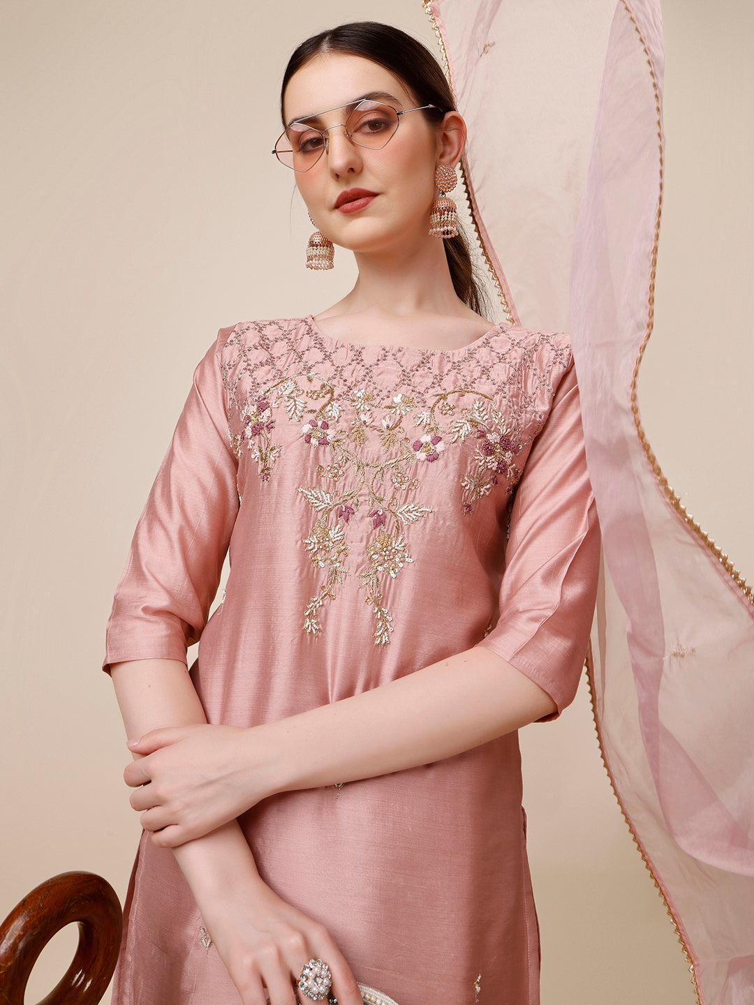 Hand Embroidered Kurta With Pant & Dupatta Set, Multicolor - Hiral Fashion