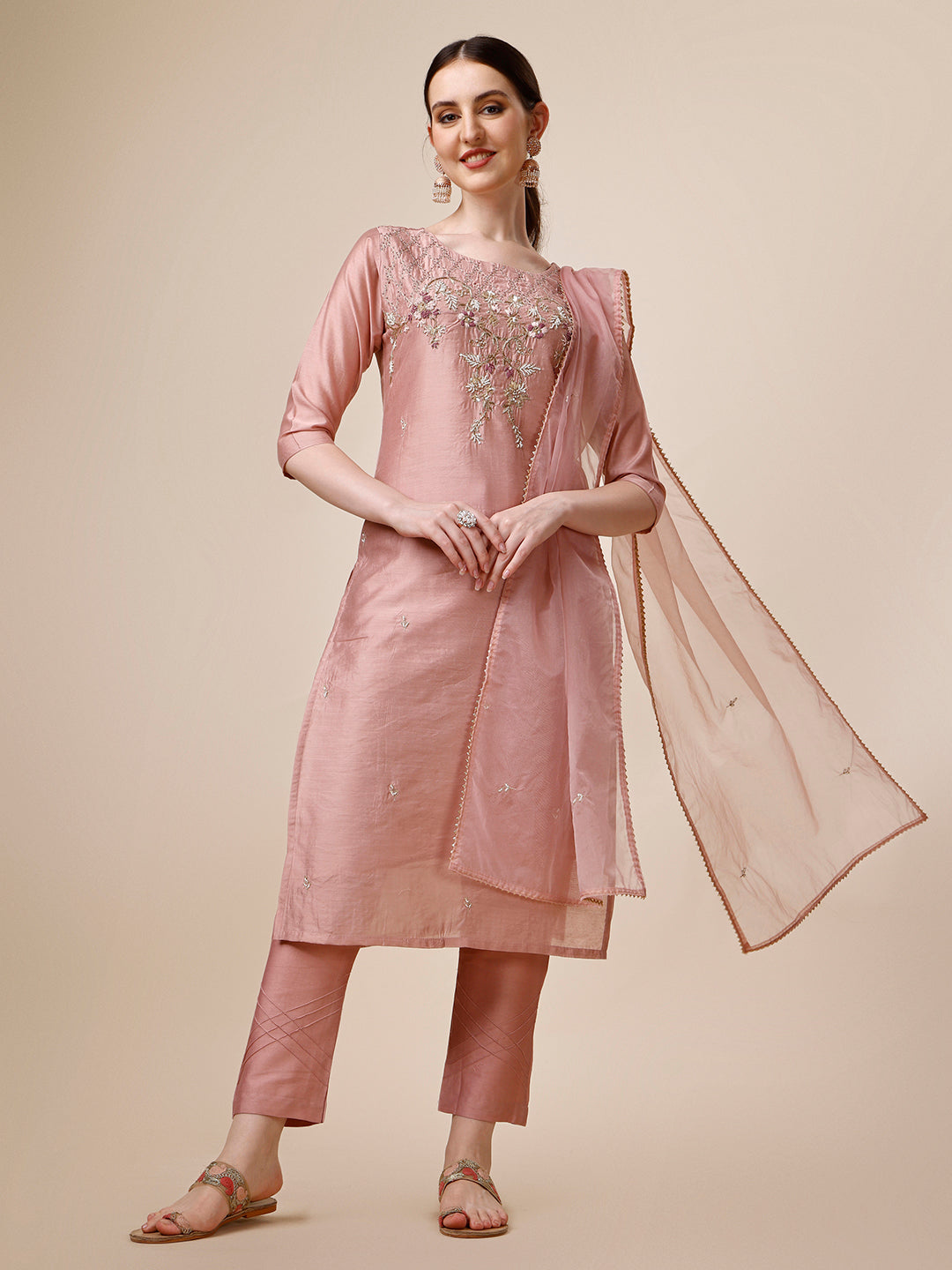 Hand Embroidered Kurta With Pant & Dupatta Set, Multicolor - Hiral Fashion