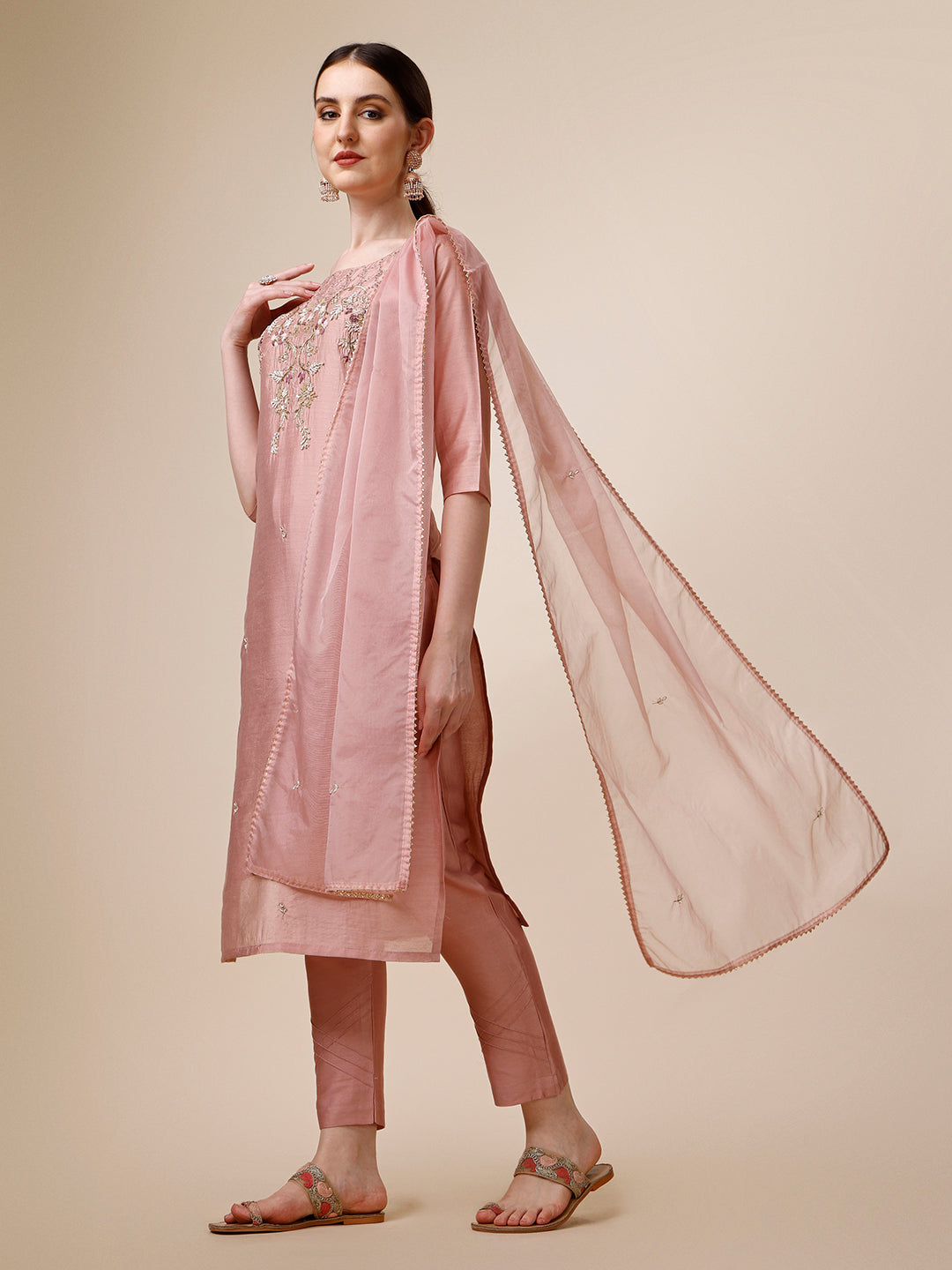 Hand Embroidered Kurta With Pant & Dupatta Set, Multicolor - Hiral Fashion